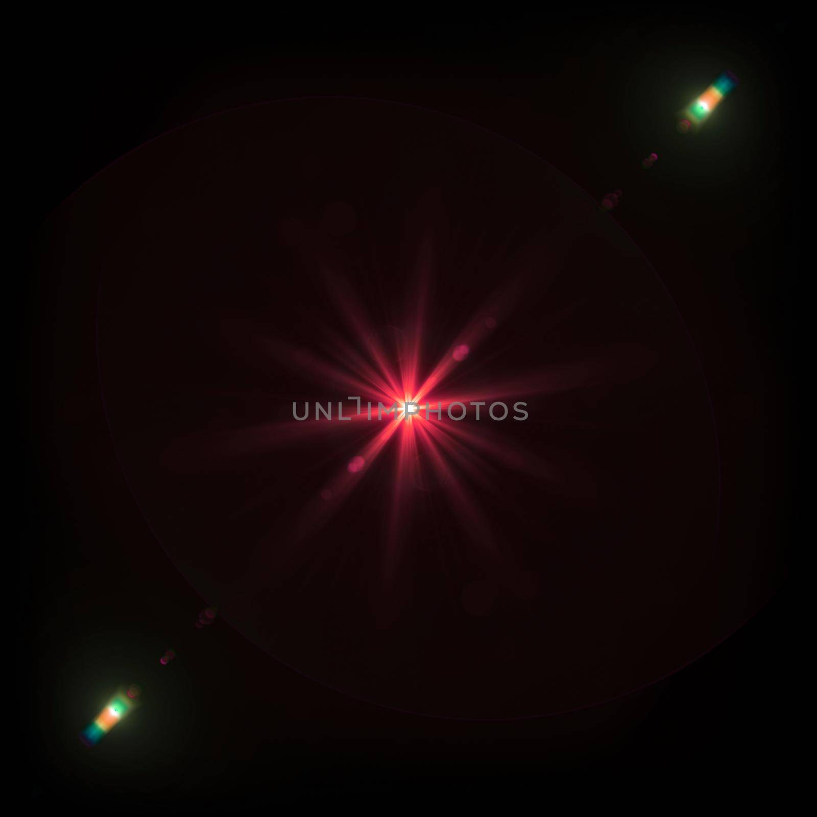 Red light Lens flare on black background. Digital lens flare with bright light isolated with a black background. Used for textures and materials.