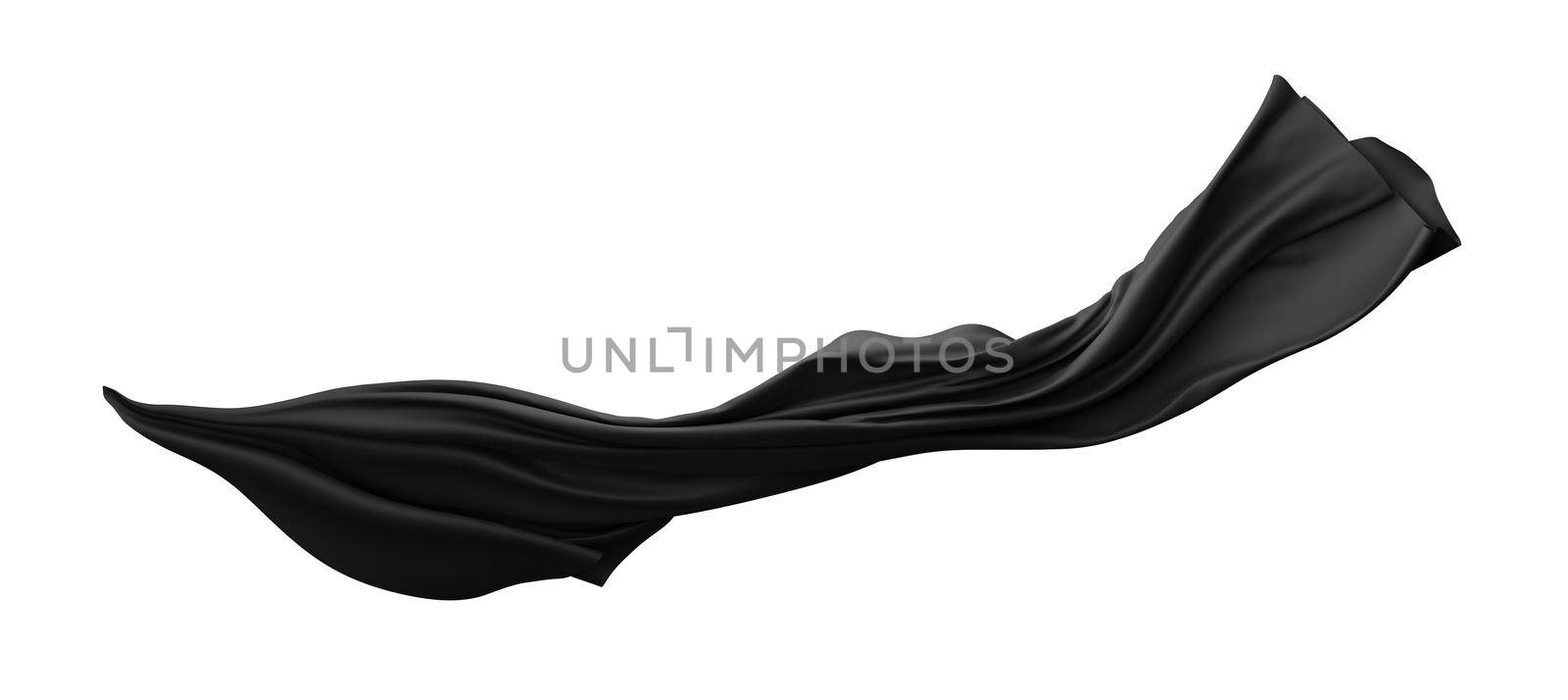 Black fabric flying in the wind isolated on white background 3D render