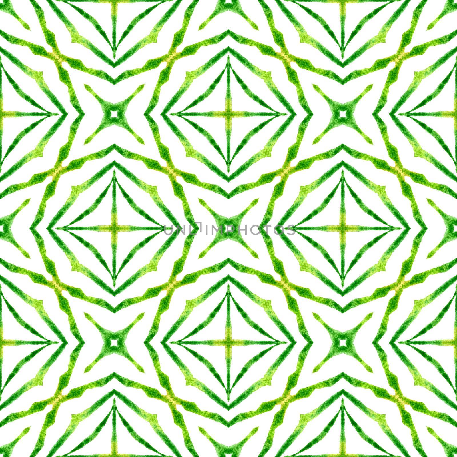 Green geometric chevron watercolor border. Green mesmeric boho chic summer design. Textile ready bizarre print, swimwear fabric, wallpaper, wrapping. Chevron watercolor pattern.
