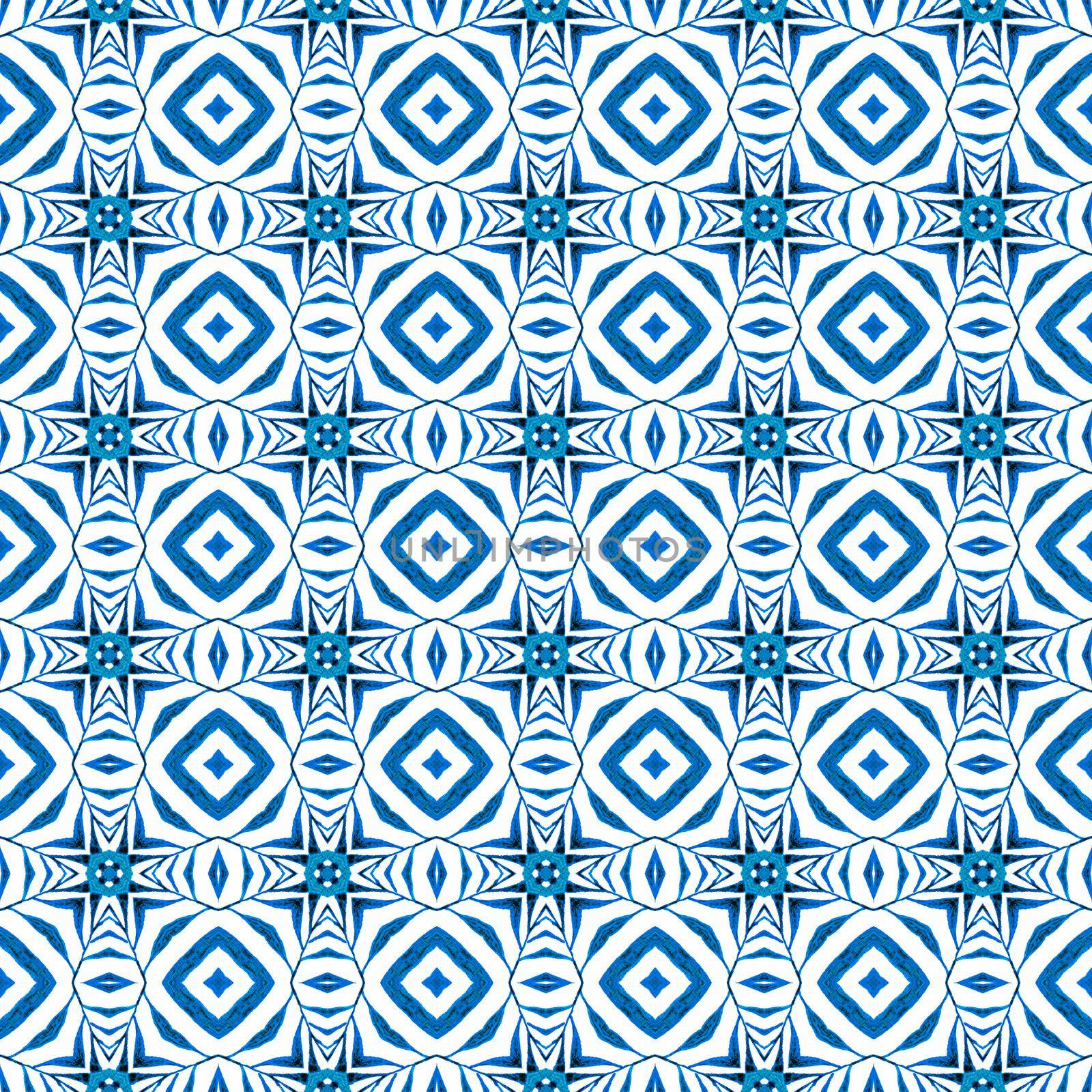 Ethnic hand painted pattern. Blue classy boho chic summer design. Watercolor summer ethnic border pattern. Textile ready indelible print, swimwear fabric, wallpaper, wrapping.