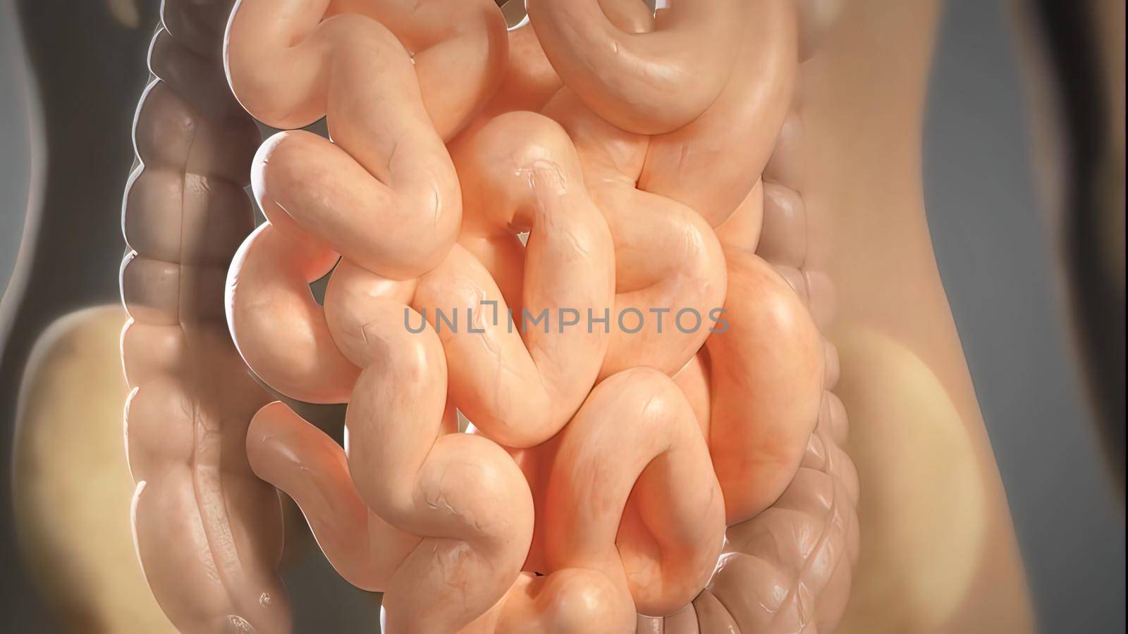 The intestines are a long, continuous tube running from the stomach to the anus. Most absorption of nutrients and water happen in the intestines 3D illustration