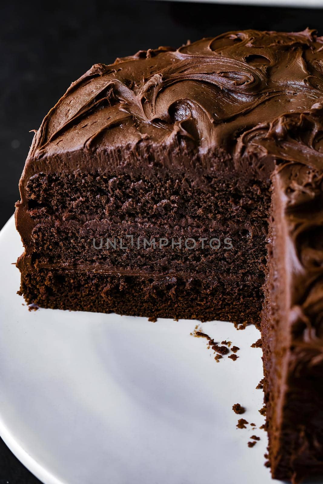 delicious triple chocolate cake on a white plate by JpRamos