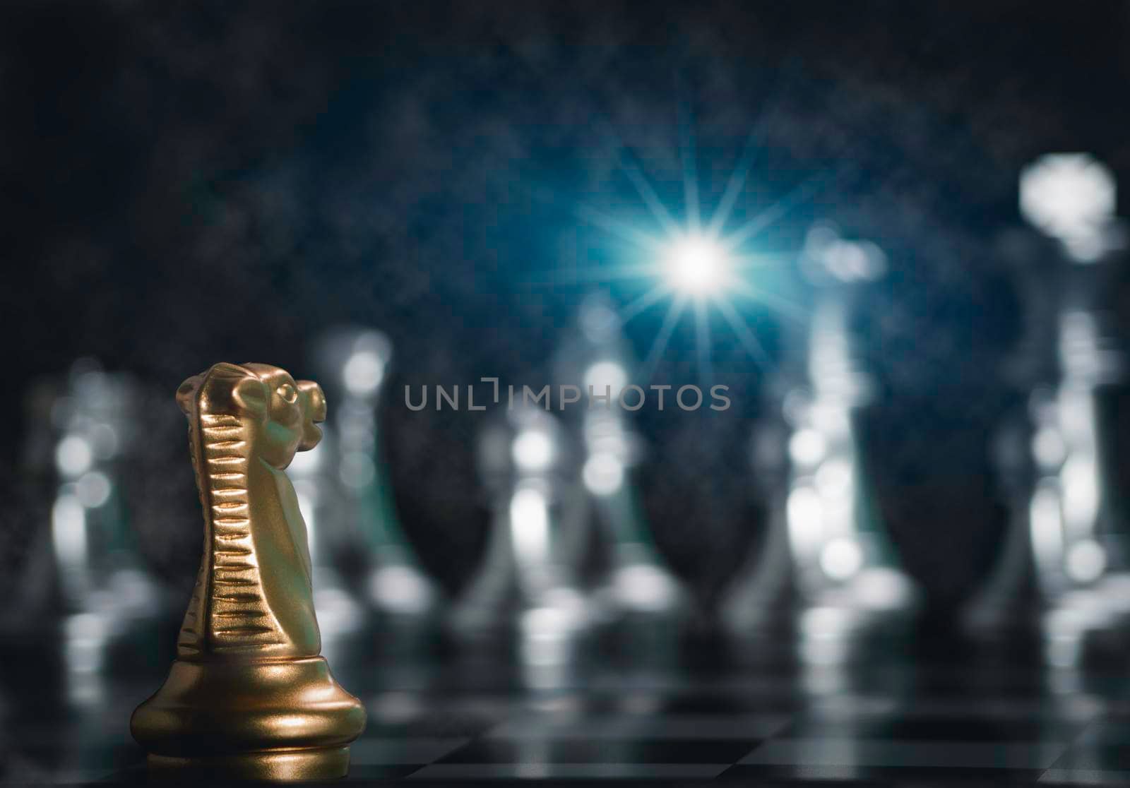 Golden knight chess pieces facing in front silver chess on board with flare light to successfully in the competition. Management or leadership strategy and teamwork concept.