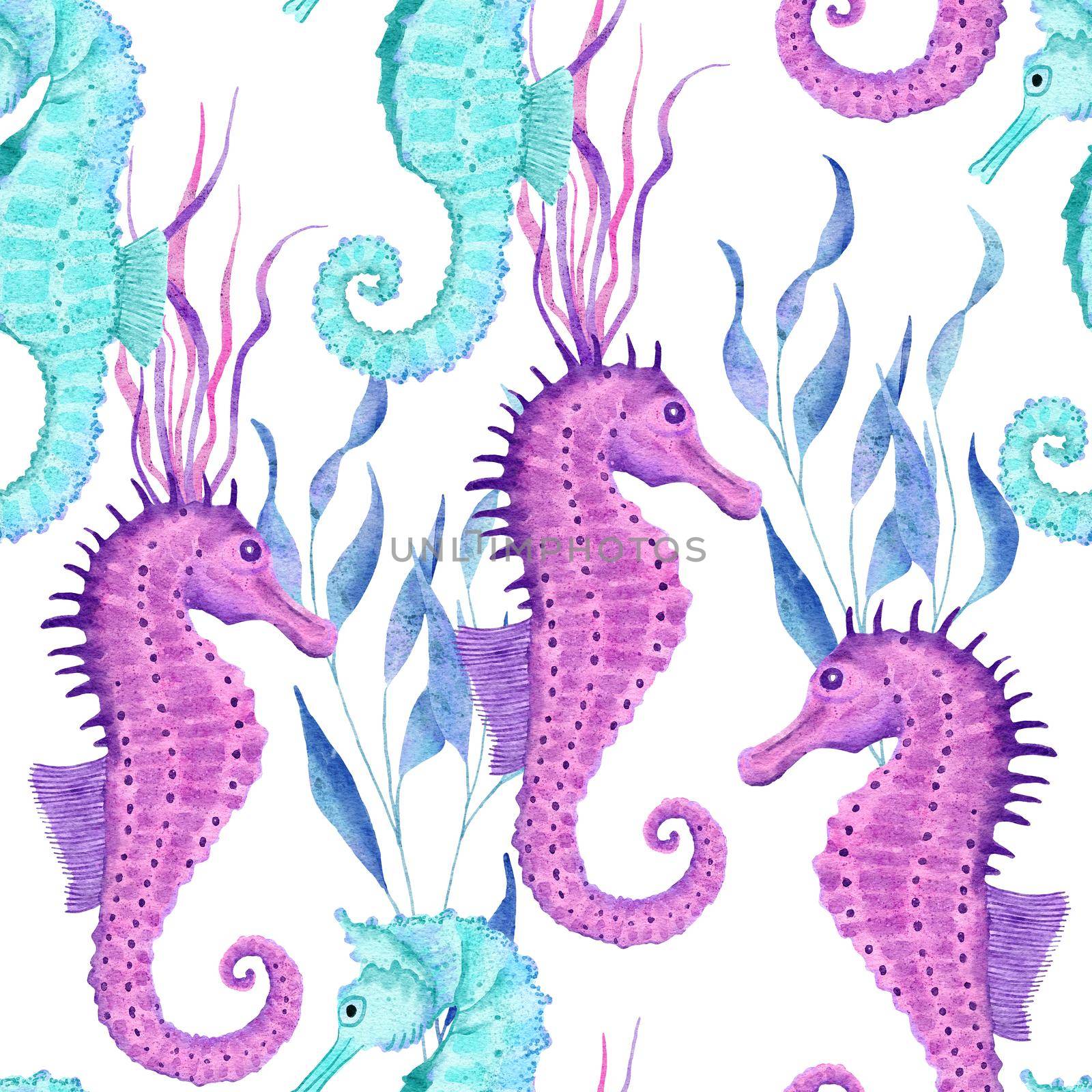 Watercolor hand drawn seamless pattern with underwater marine nautical animals shells fish. Purple blue seahorse seaweed jellyfish, ocean sea summer vacation beach background, turquoise fabric print. by Lagmar