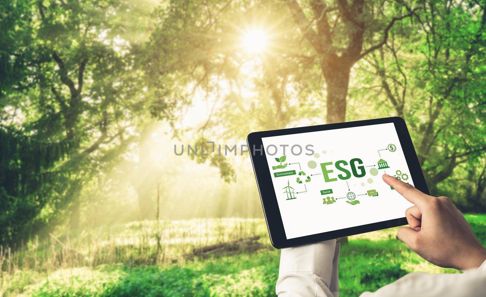 Green business transformation for environment saving and ESG business concept. Businessman using tablet to set corporate goal toward environmental friendly management and alternative clean energy use.