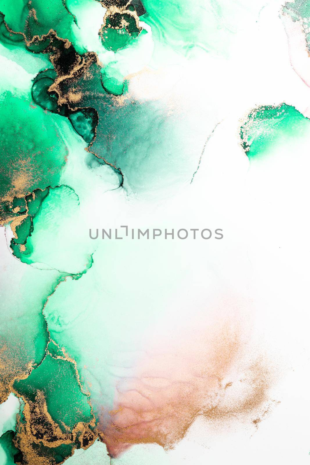 Green gold abstract background of marble liquid ink art painting on paper . by biancoblue