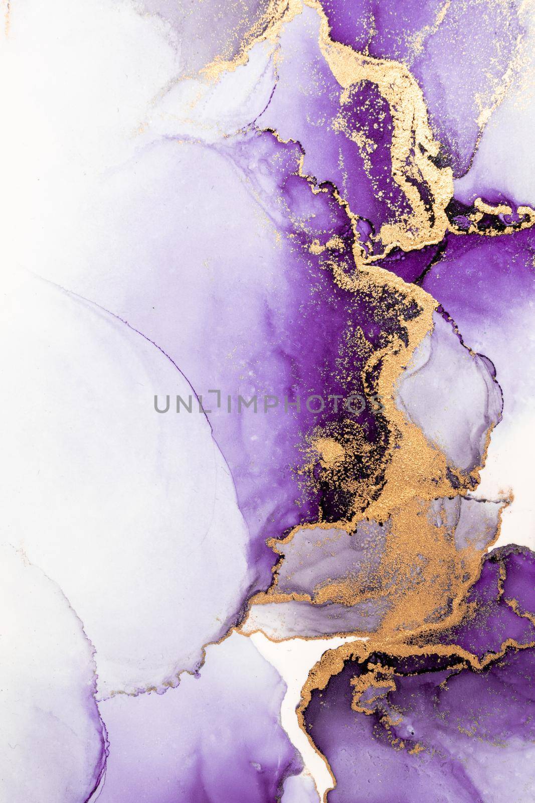 Purple gold abstract background of marble liquid ink art painting on paper . Image of original artwork watercolor alcohol ink paint on high quality paper texture .