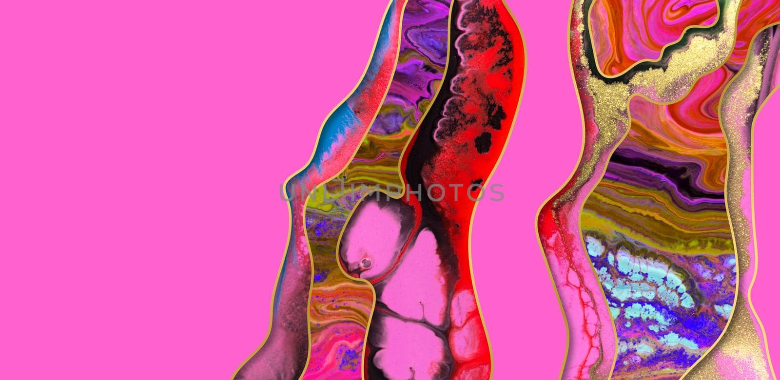Gold dust and waves with fluorescent inks background. Pink marble template