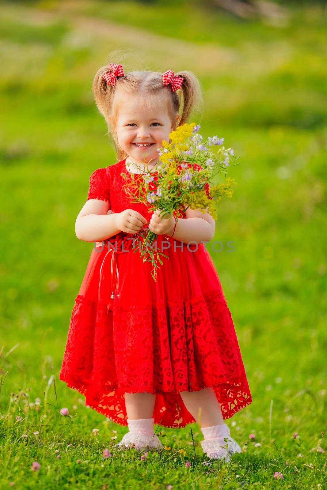 girl in a red dress and with a bouquet of wild flowers on the lawn