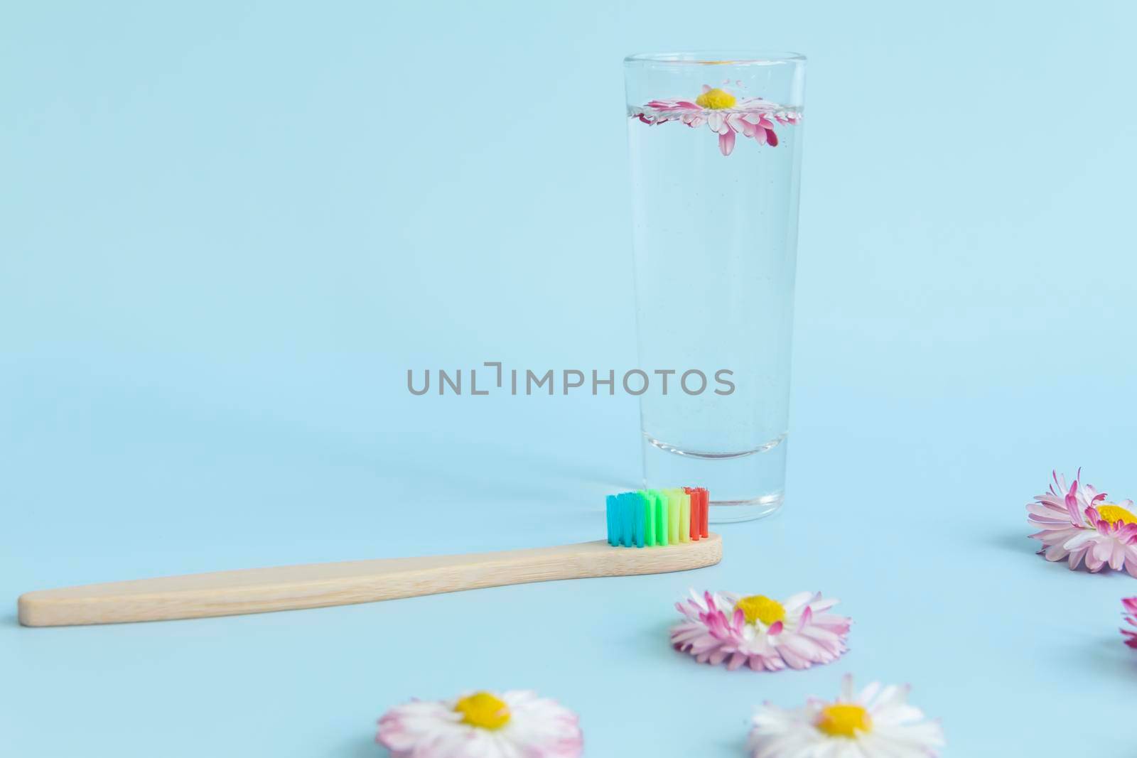 An ecological, wooden toothbrush, a glass with clean, clear water and a white daisy floating in the water on a blue background. by Alla_Yurtayeva