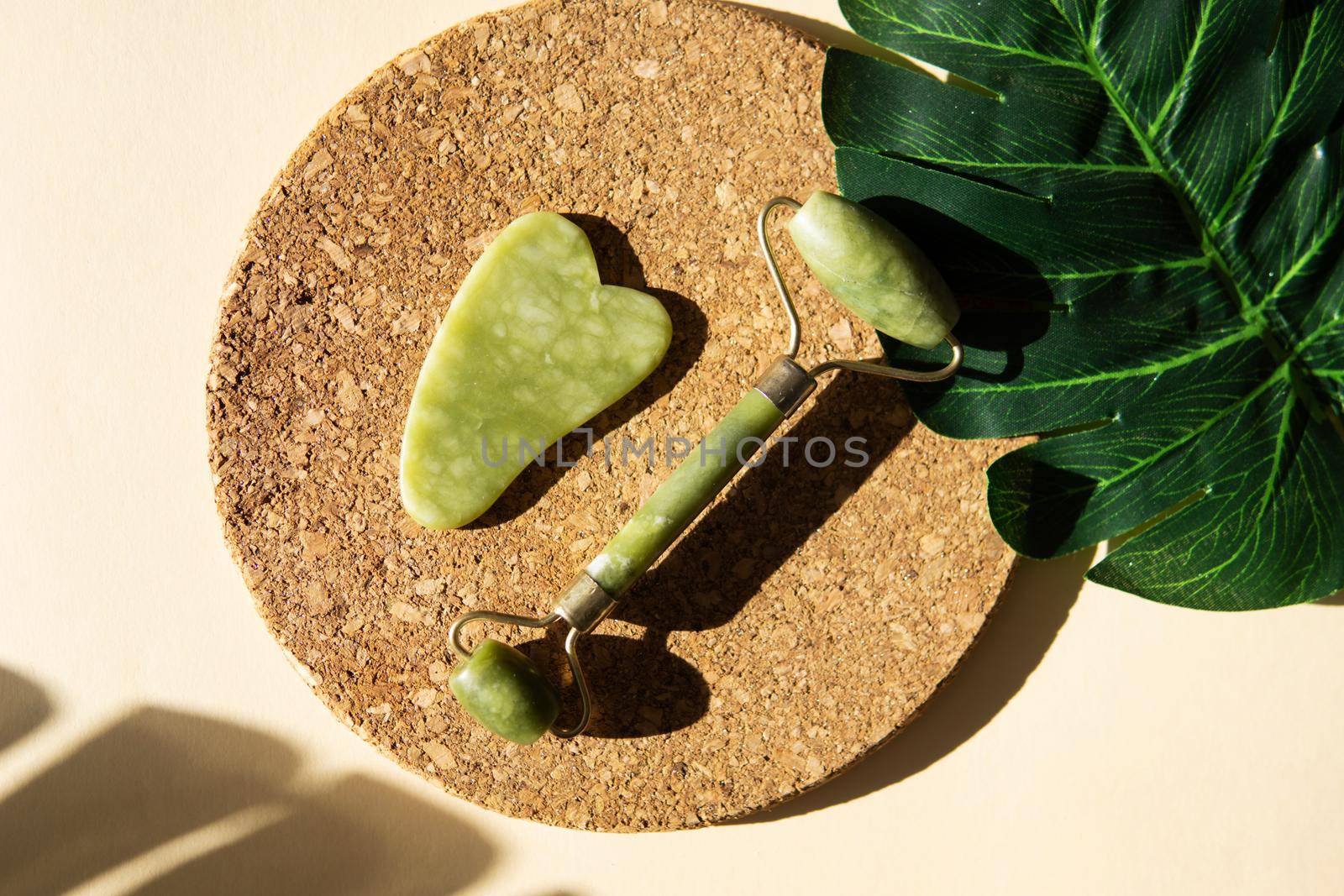 Jade Gua sha scraper and face roller massager on a cork round stand with a monstera leaf. Hard light, shadows, the concept self-care. Facial care. Zero waste. Lifting and toning treatment at home.