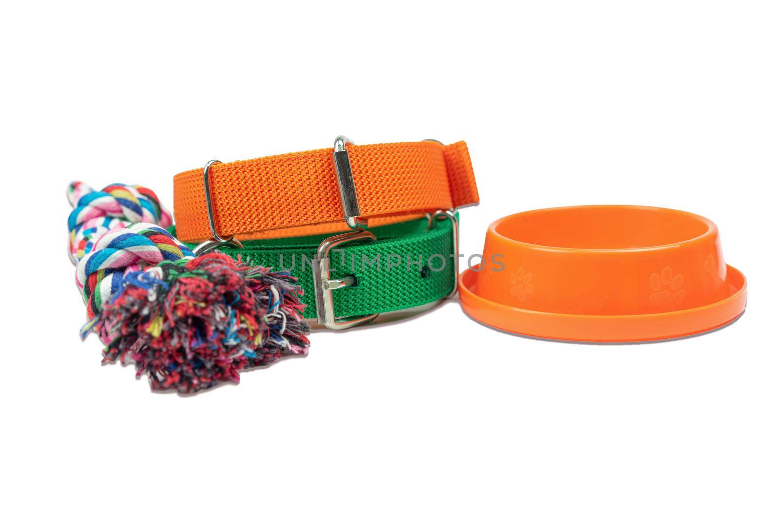 Dog collars and bowl on isolated white.  Pet shop