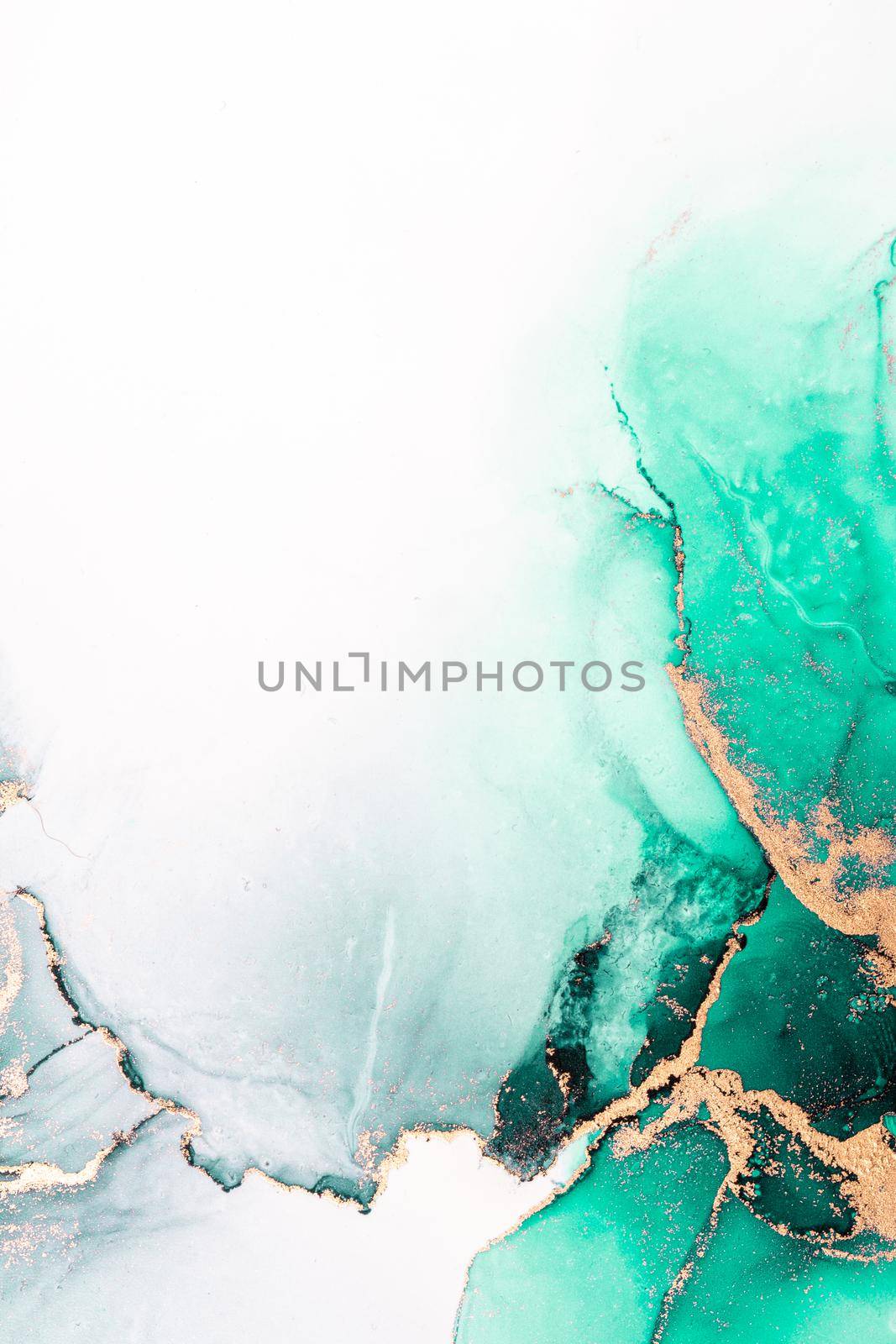 Green gold abstract background of marble liquid ink art painting on paper . by biancoblue