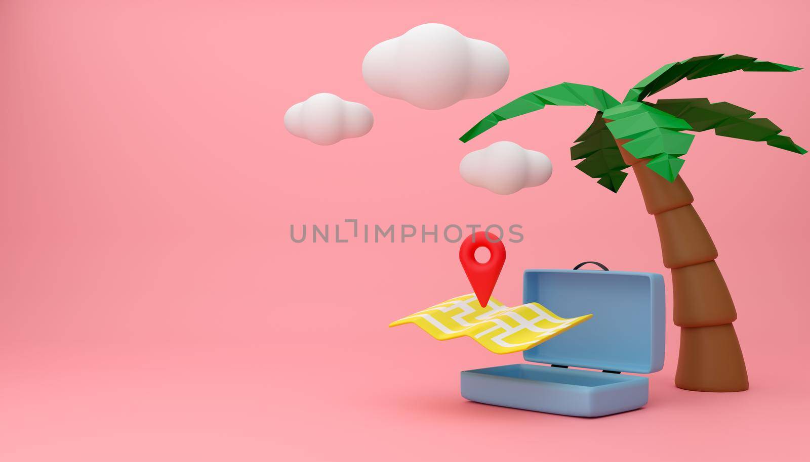 3D Map Location and Bag. Travel Summer 3D concept. 3D Render Illustrations