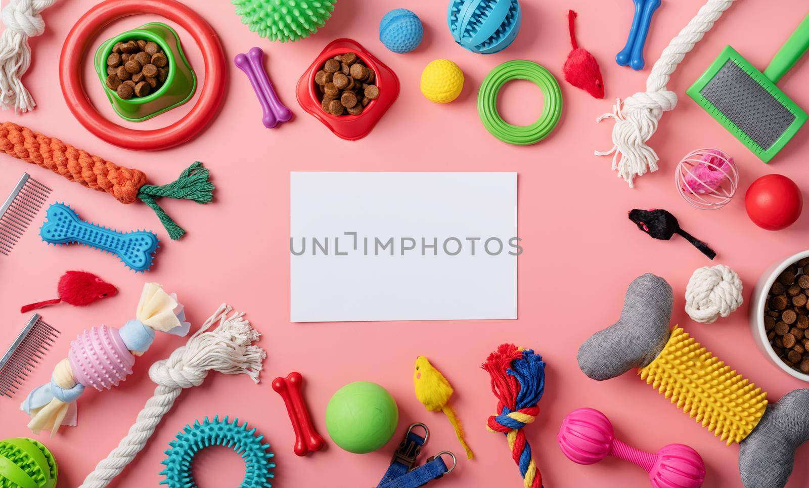 Pet care concept, various pet accessories and tools, toys, balls, brushes on pink background with blank paper for mockup design, flat lay