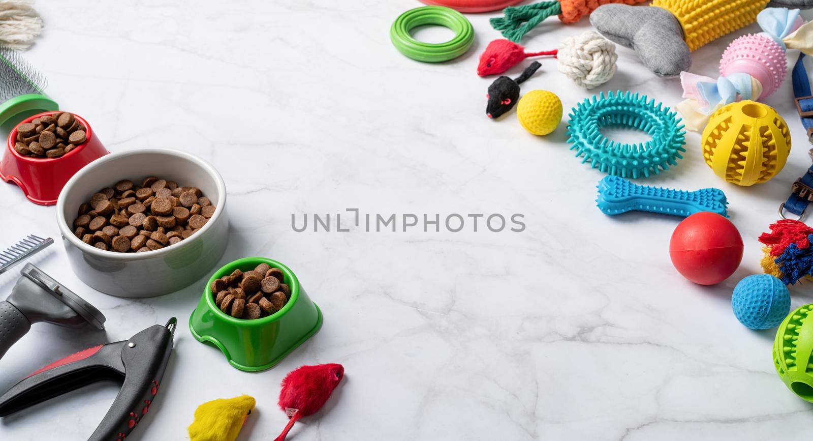 Pet care concept, various pet accessories and tools, toys, balls, brushes on white marble background, high angle