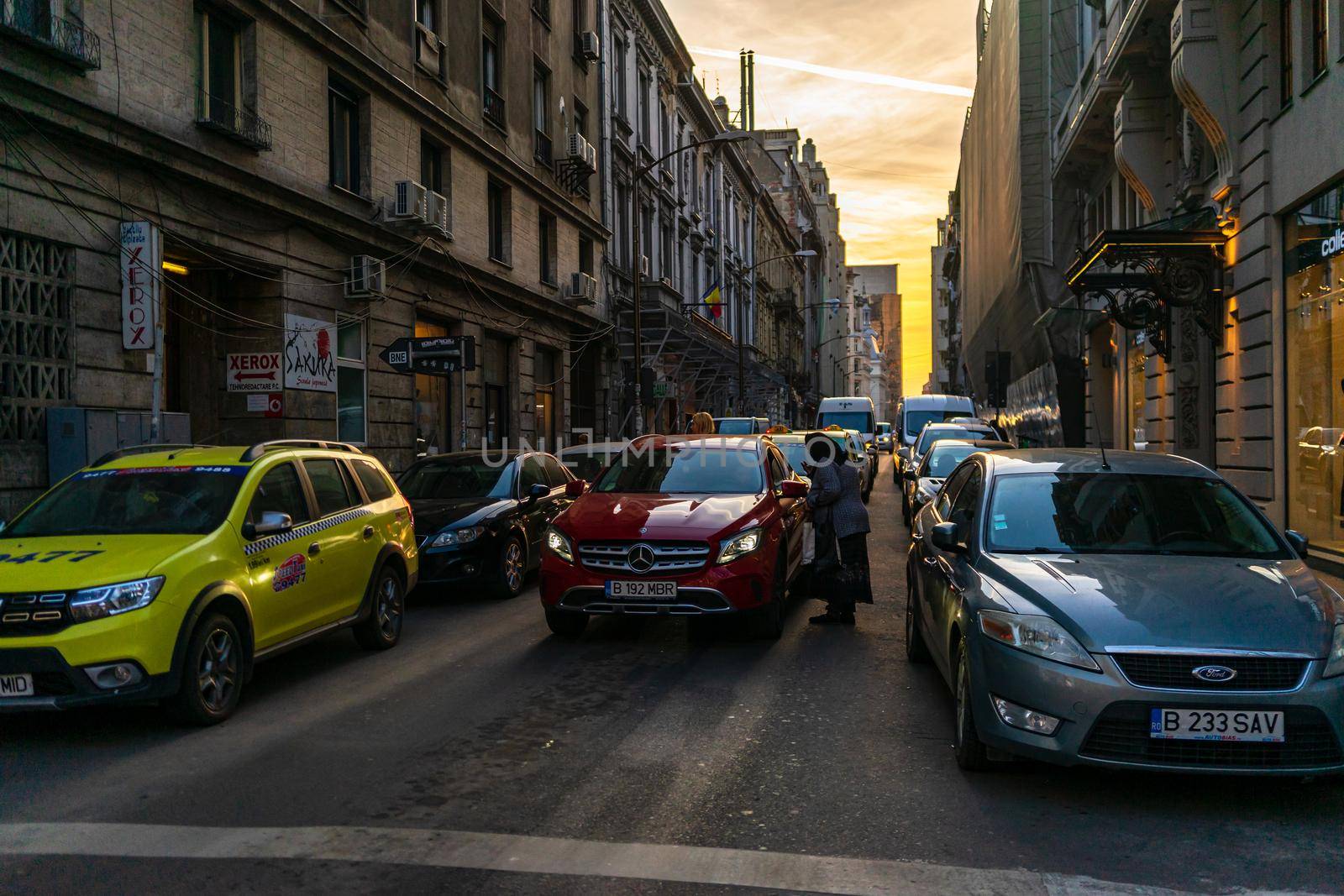 Car traffic, pollution, traffic jam in the morning and evening in the capital city of Bucharest, Romania, 2022