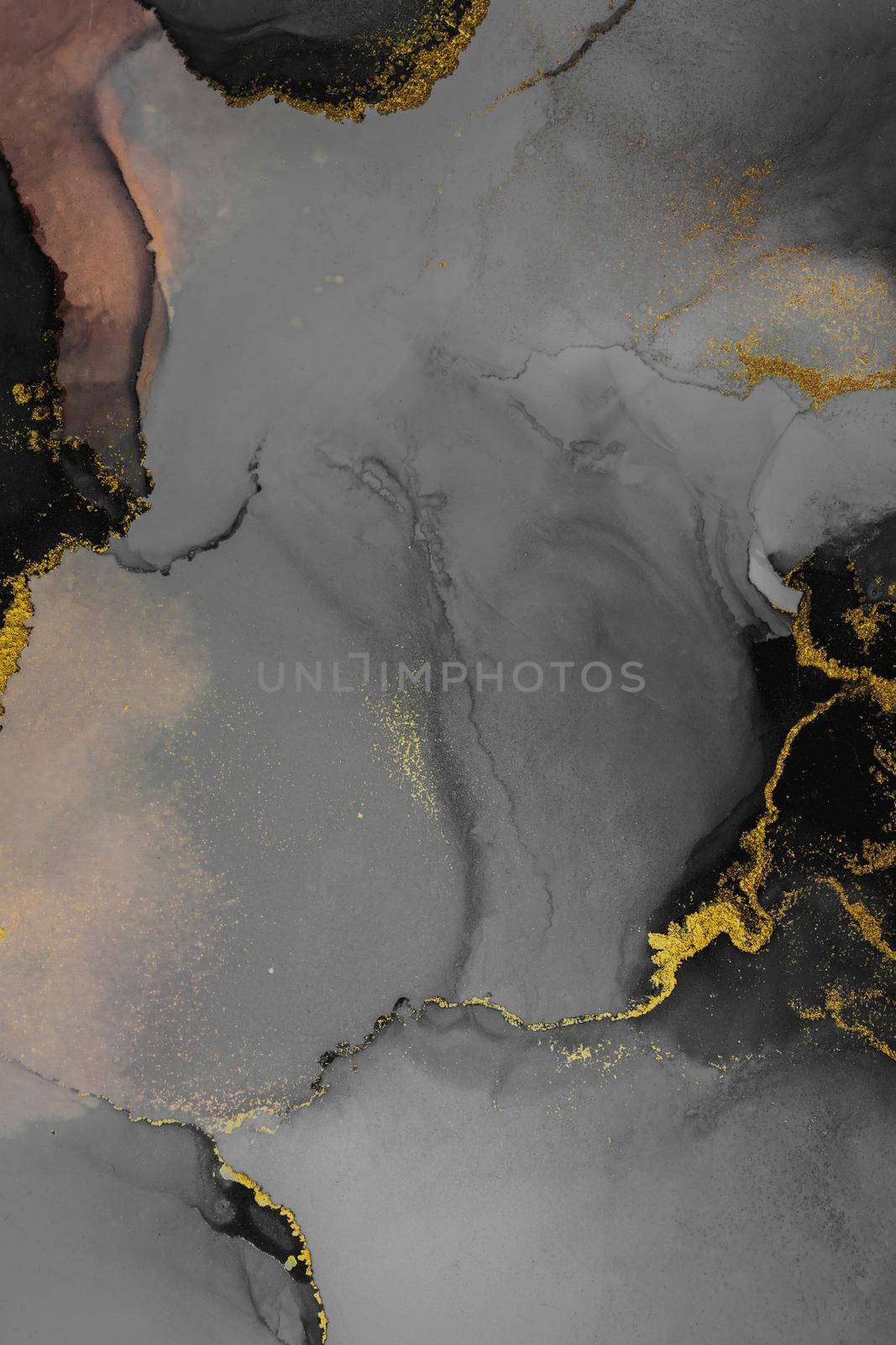 Dark gold abstract background of marble liquid ink art painting on paper . Image of original artwork watercolor alcohol ink paint on high quality paper texture .