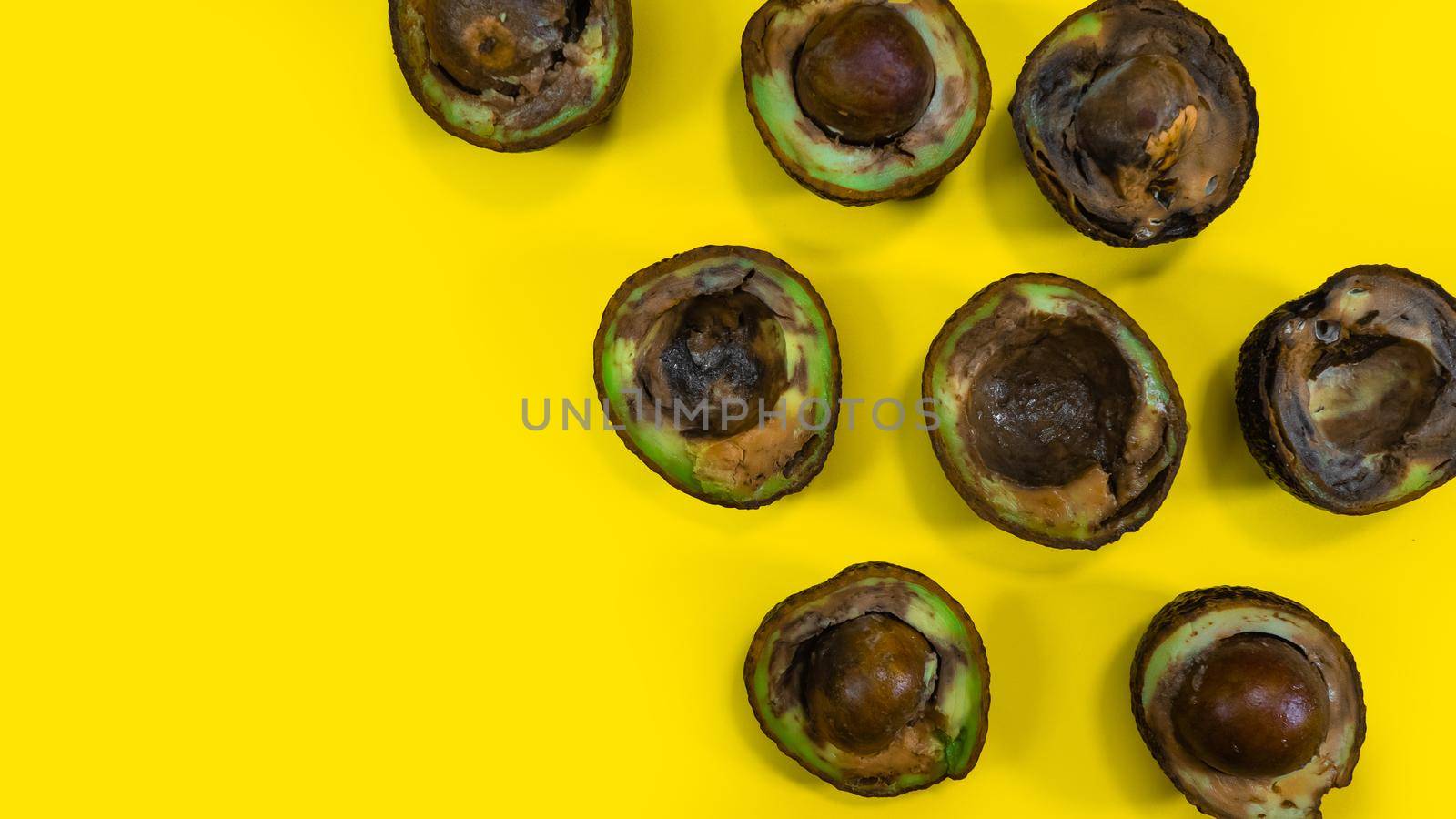 Ugly food on yellow background. Rotten tropical Avocado fruits. Concept of rotten fruit. Copy space on yellow background.