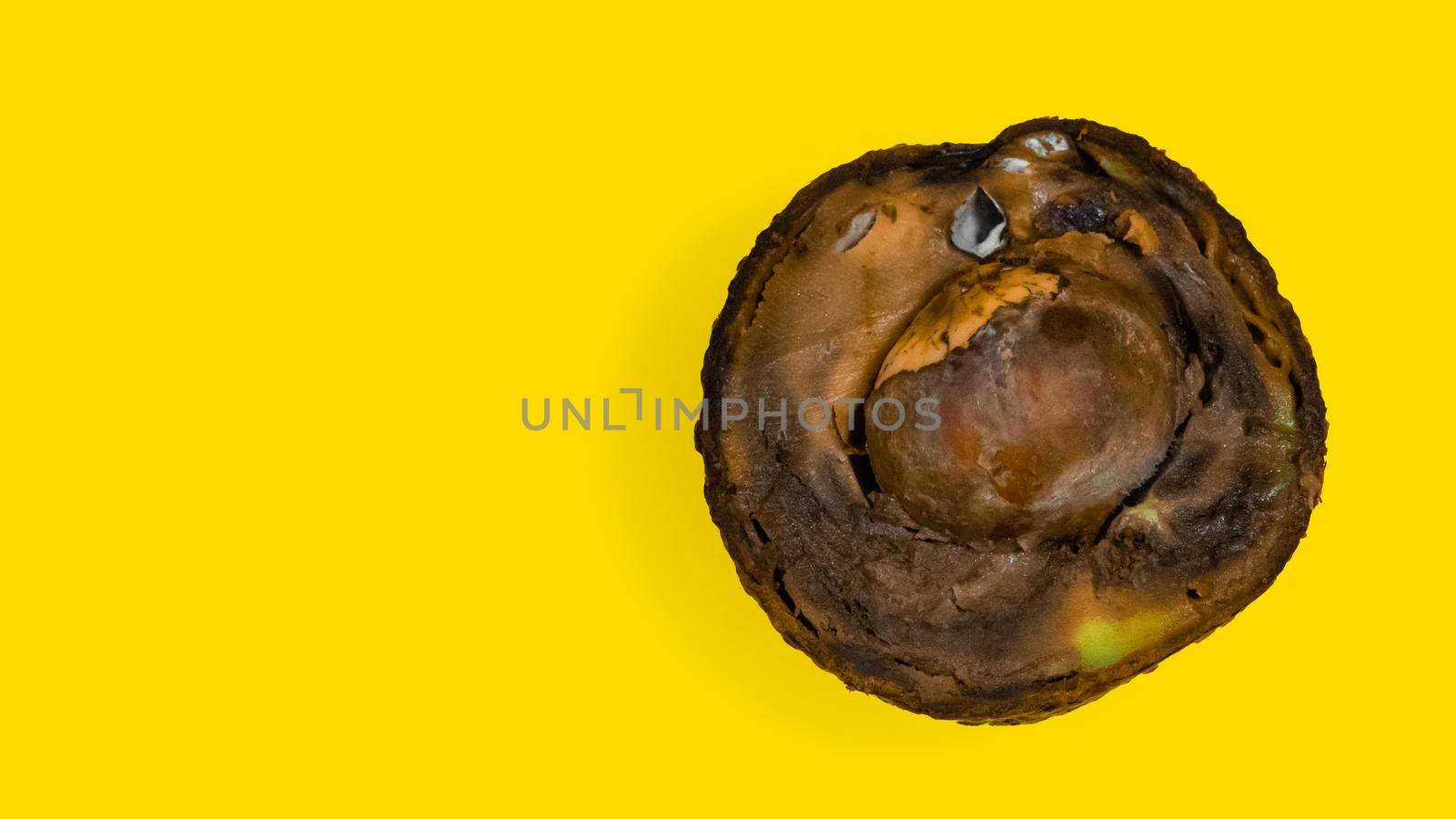 Moldy Fruit on yellow Background. Rotten Avocado half. Copy Space.