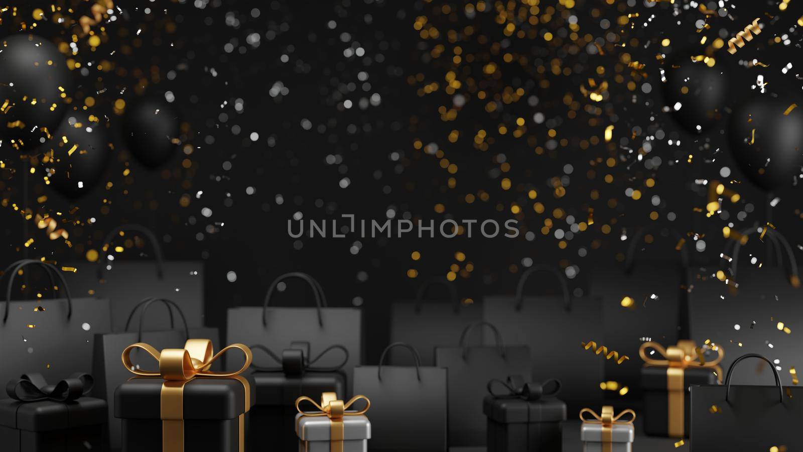 Black friday sale banner design of gift box and shopping bag with confetti falling 3d render
