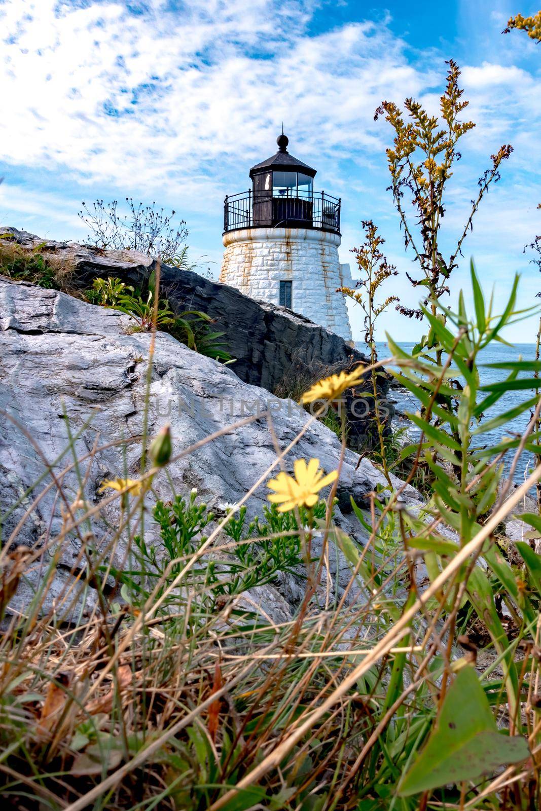 Scenic view of white Castle Hill Lighthouse, Newport, Rhode Island