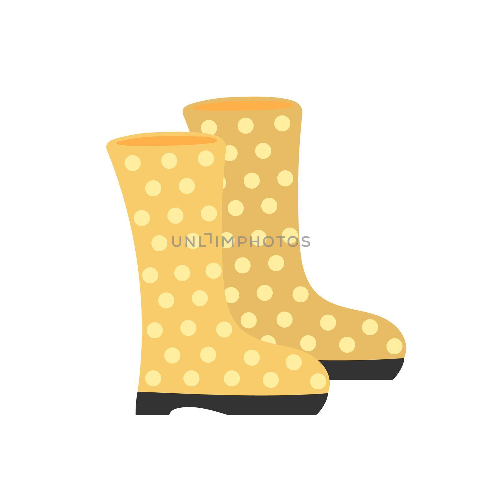 Hand drawn cartoon yellow rubber boots with dots. Cute funny vector illustration isolated on white background.