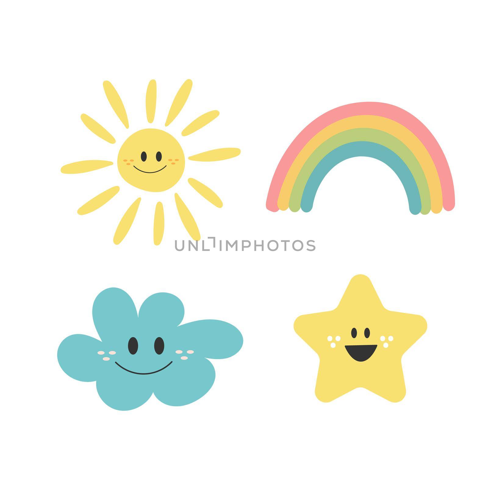 Cute hand drawn collection with character cloud, rainbow, sun and star. Vector illustration. Weather set.