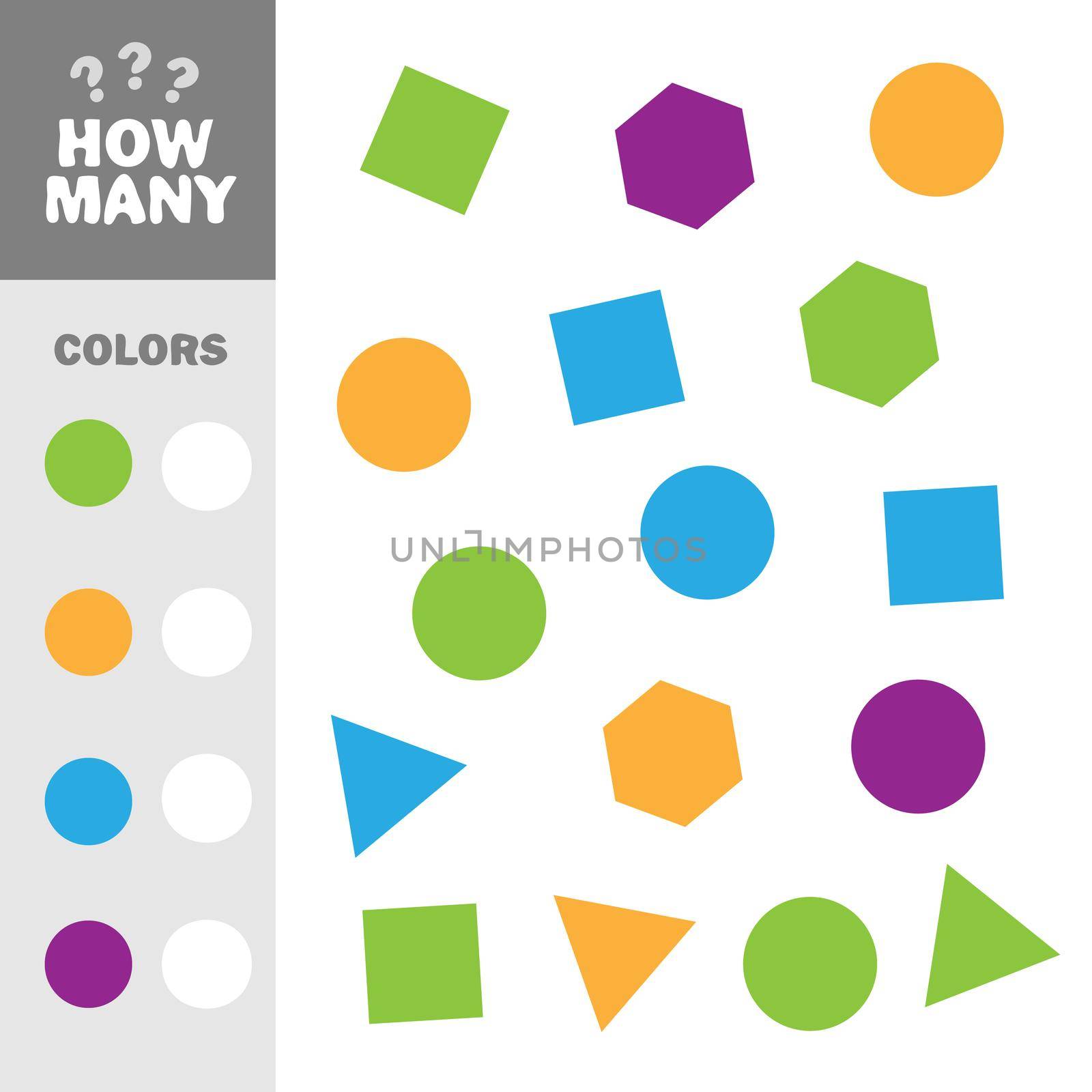 Counting game with simple geometric shapes for kids, educational maths task for development of logical thinking. How many elements with colors