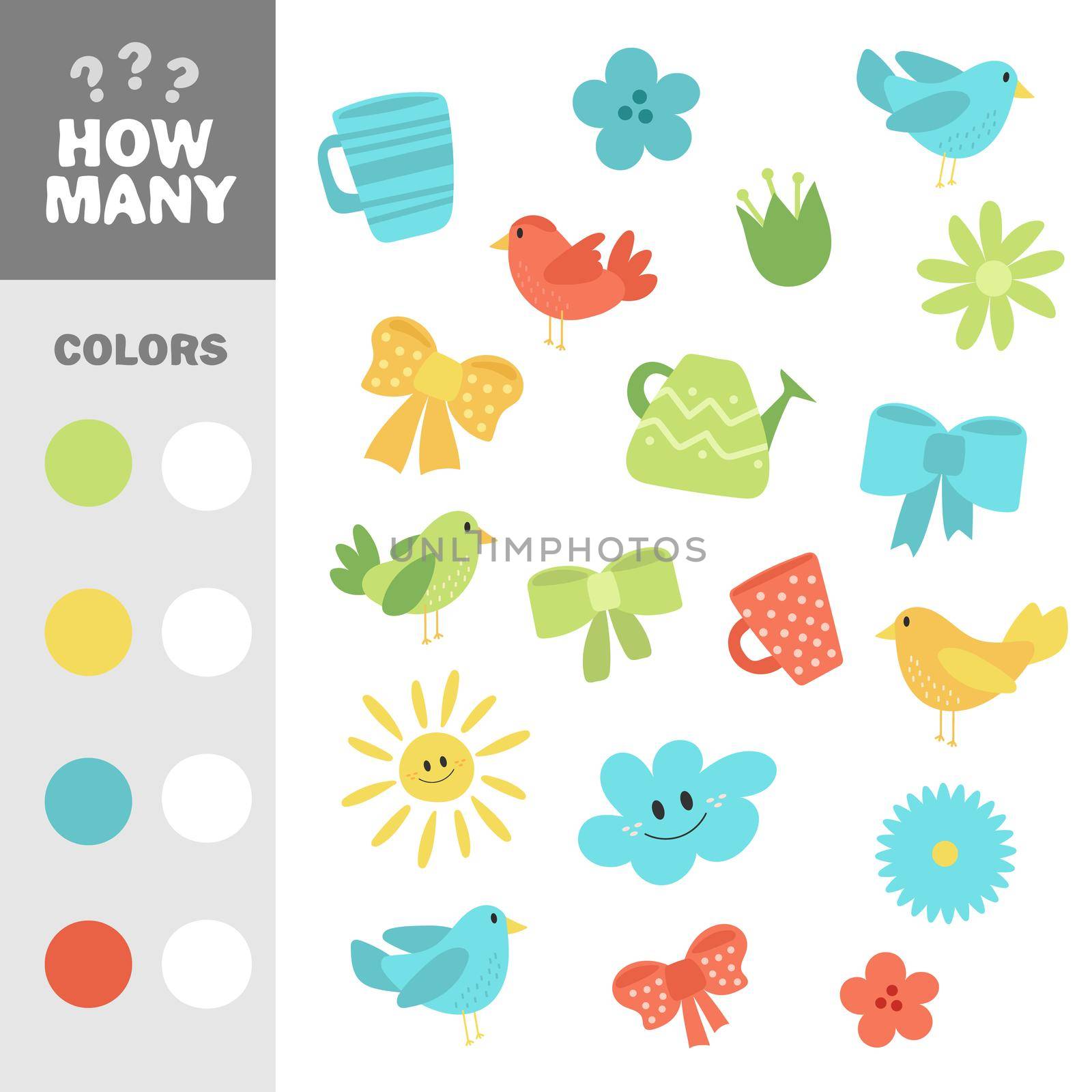 Count how many items with color. Vector educational game. Cute spring elements on white