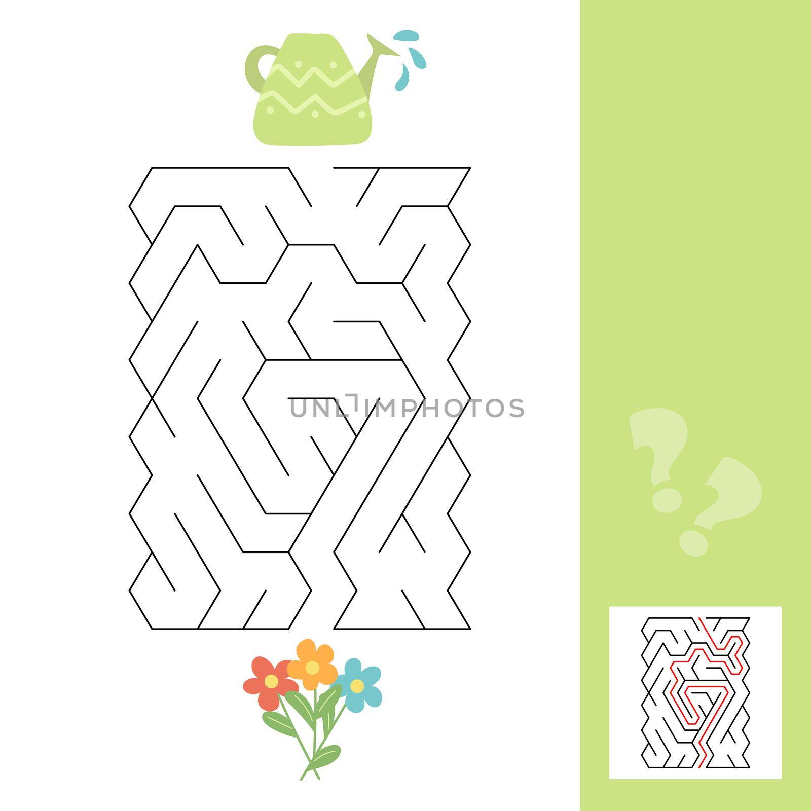 A puzzle game for kids. Go through the maze, watering can and flowers. Vector isolated on a white background. Labyrinth game with answer