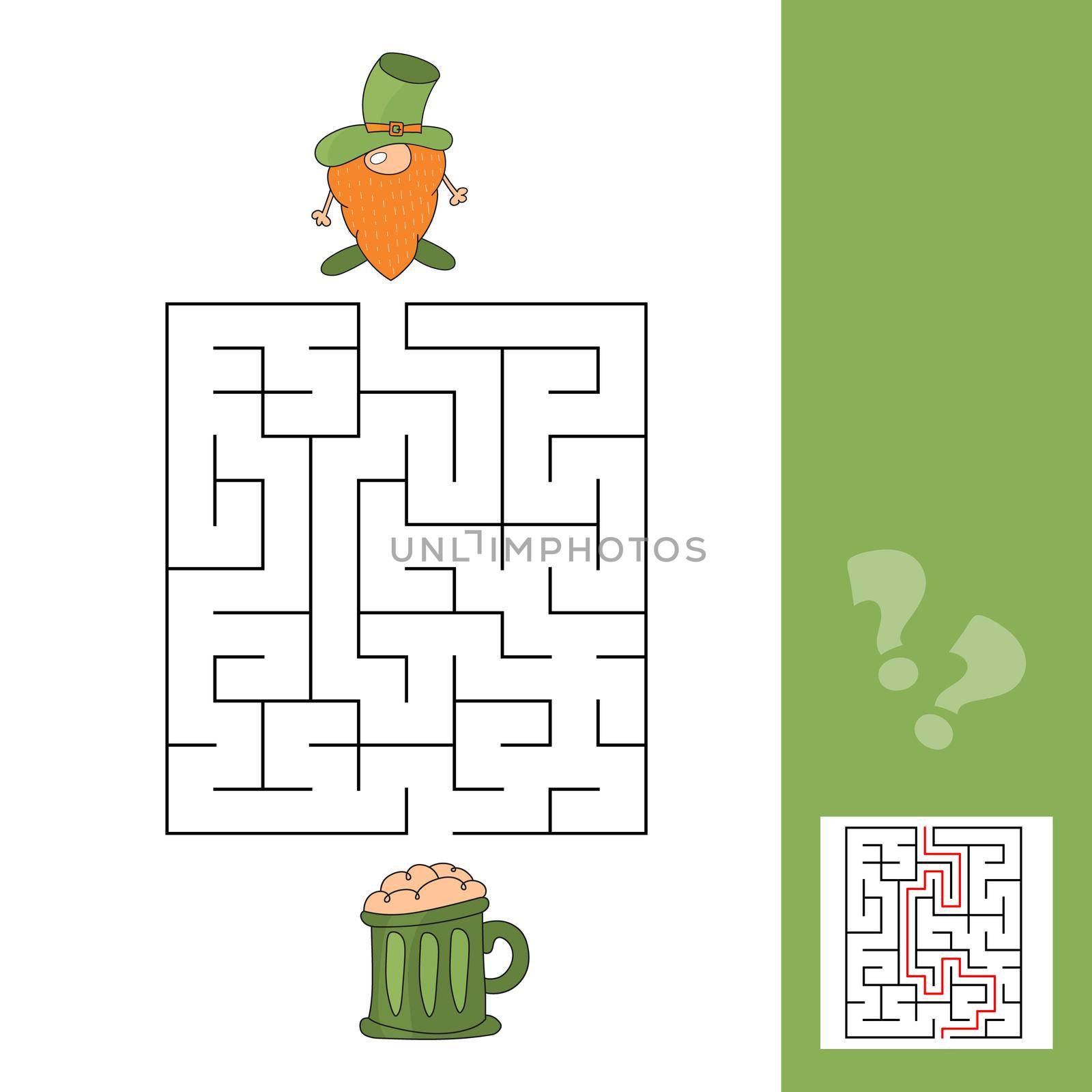 Maze game for kids. Help red Leprechaun to find his way to the green beer. Simple game for children with answer