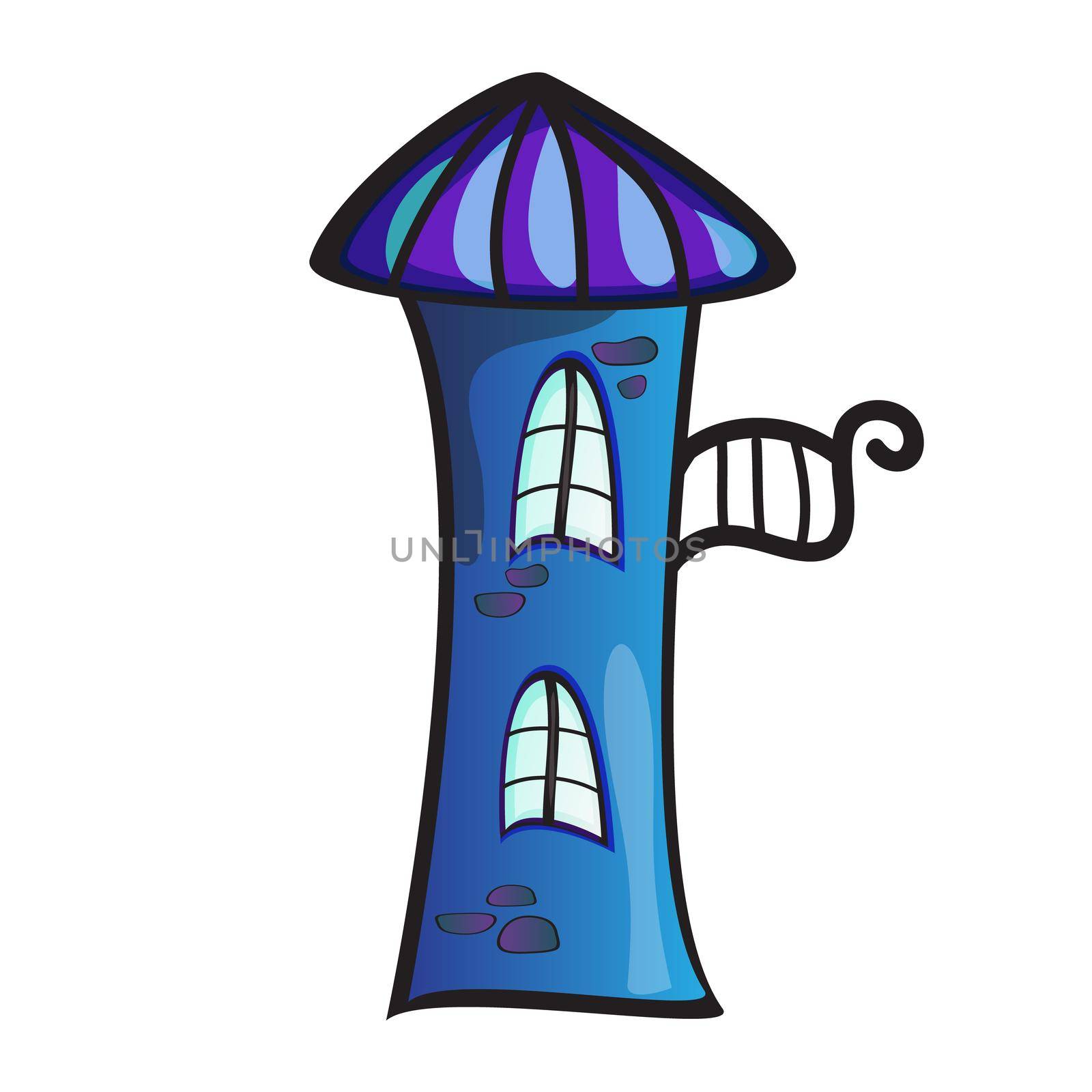 Fairytale blue stone towers with balcony in cute cartoon style. Vector illustration on white