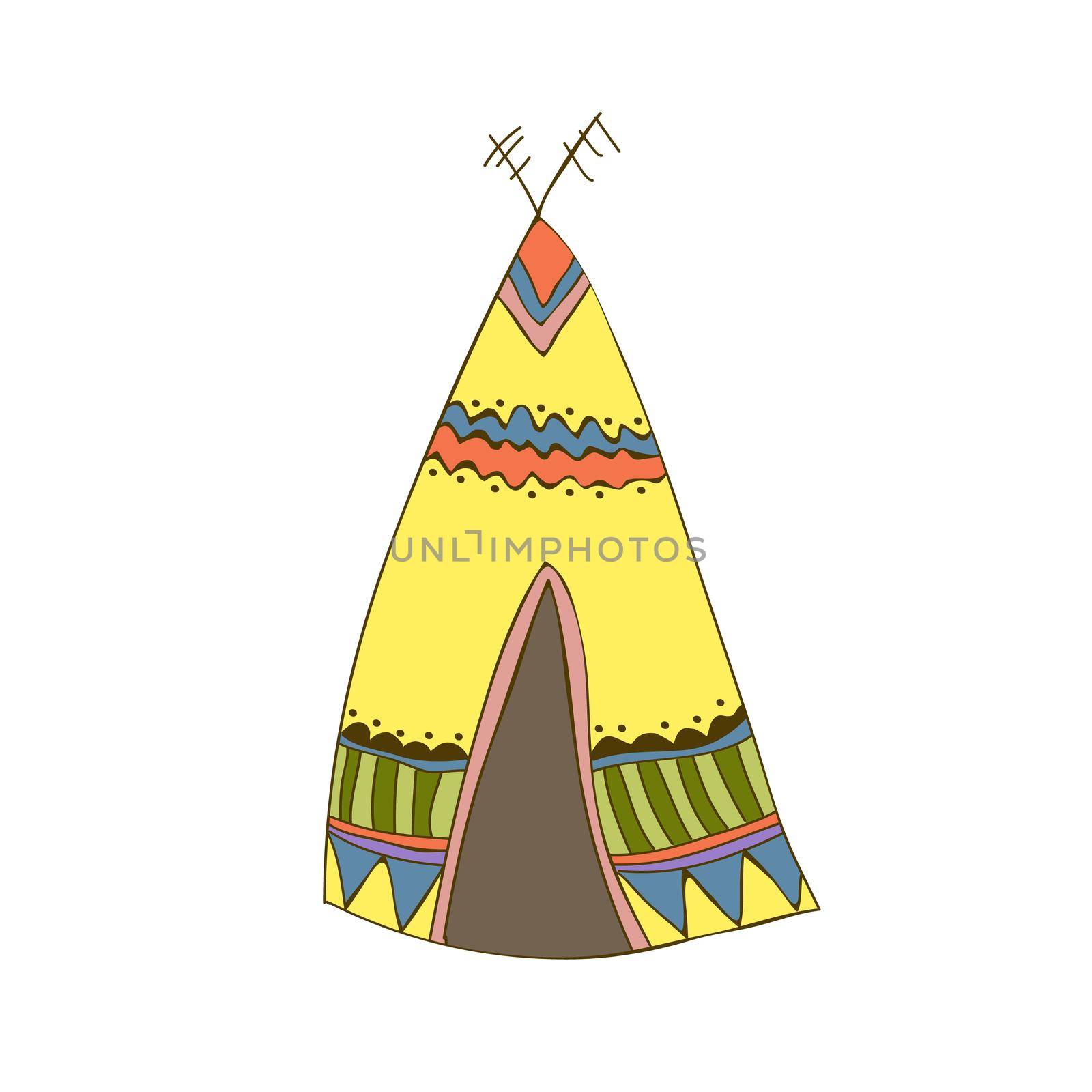 An Indian wigwam. Vector teepee in doodle style. Isolated object on a white background. Simple element