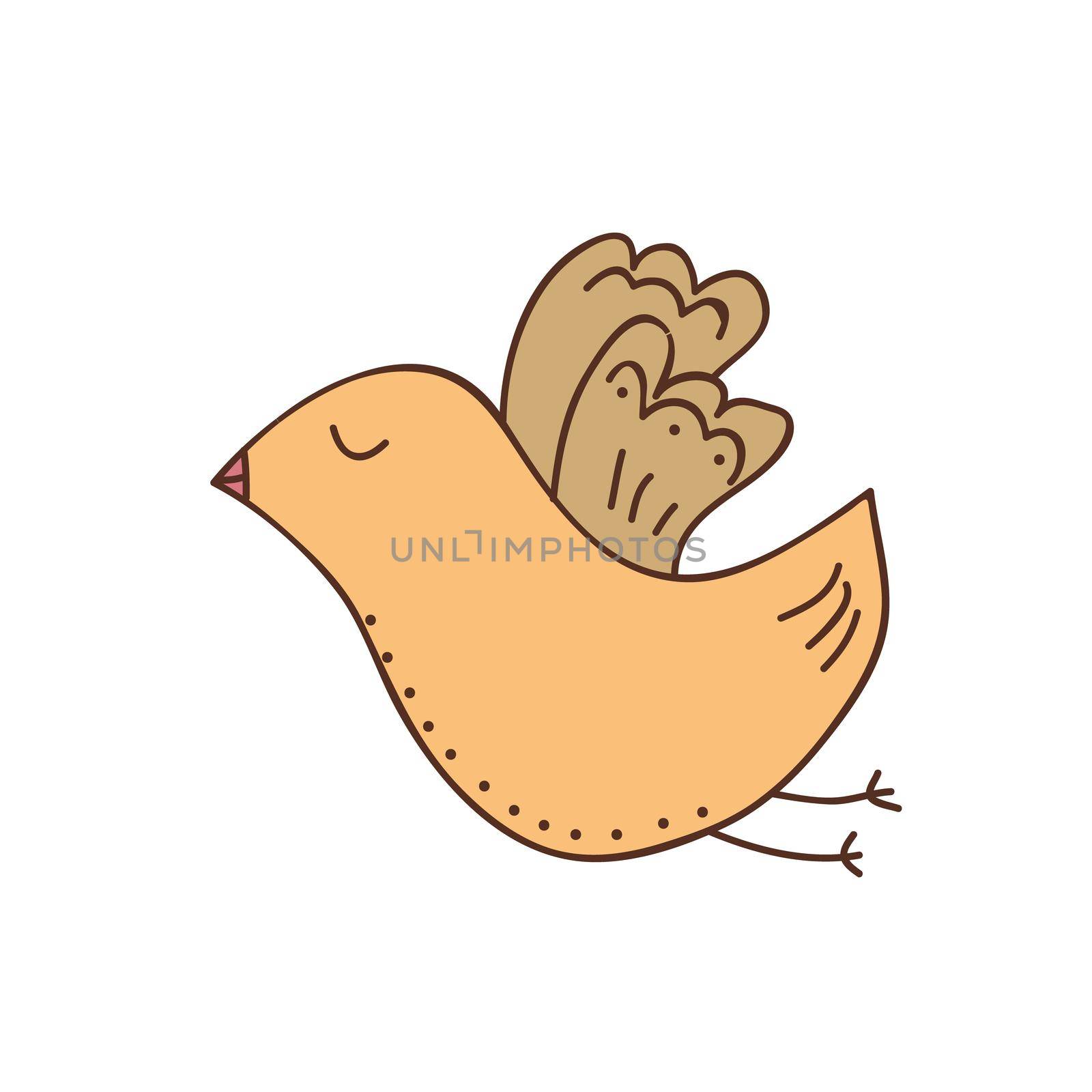 Hand-drawn vector illustration of one brown cute bird on white background. Simple cartoon element