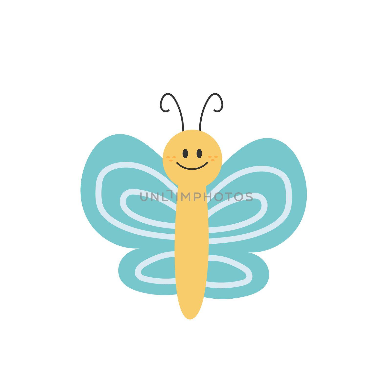 Cartoon butterfly. Cute smiling character for childish design. Flat vector illustration isolated on a white background. Hand drawn style