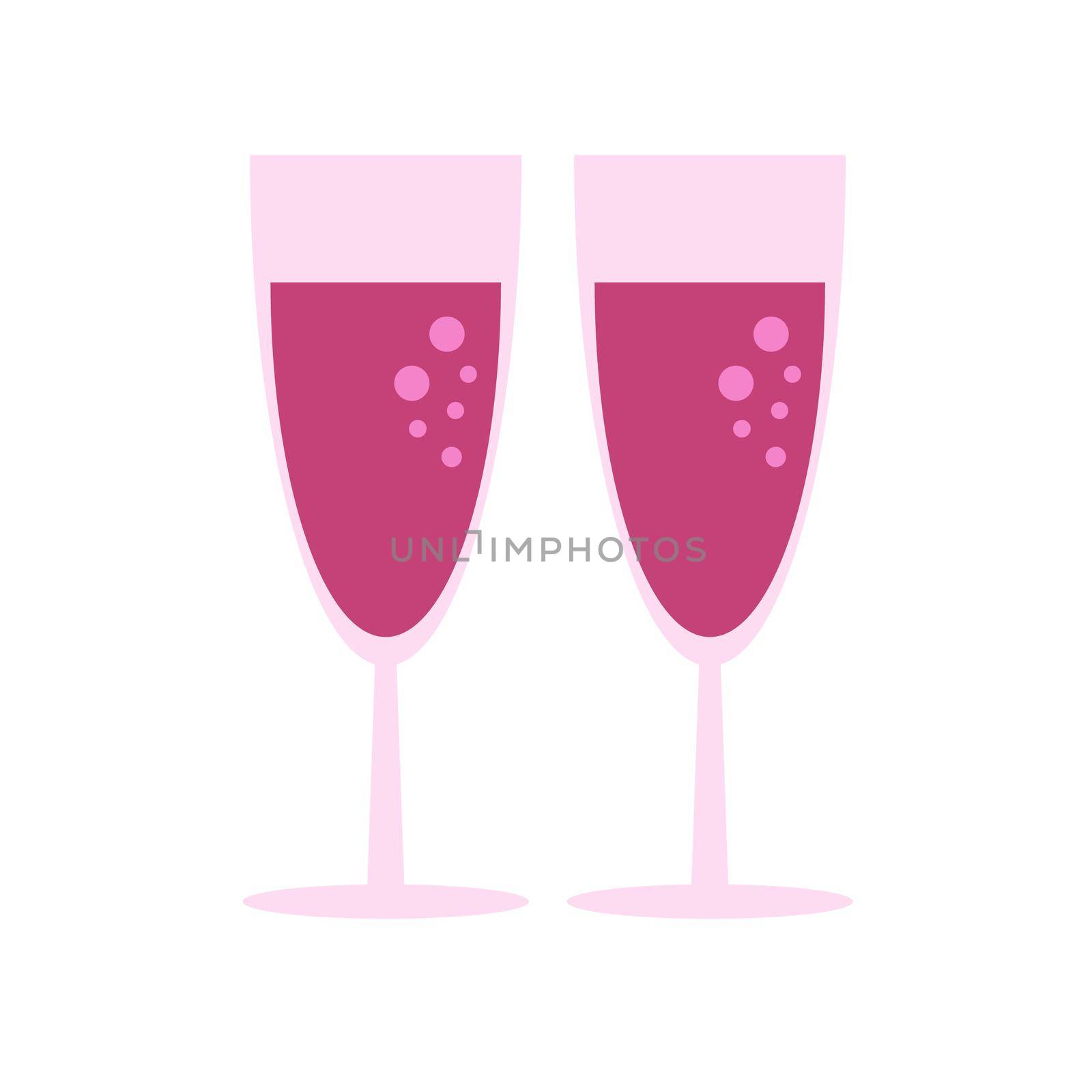 Two glasses of pink champagne or wine. Vector image in flat style. Valentines day greeting card. Elements on white