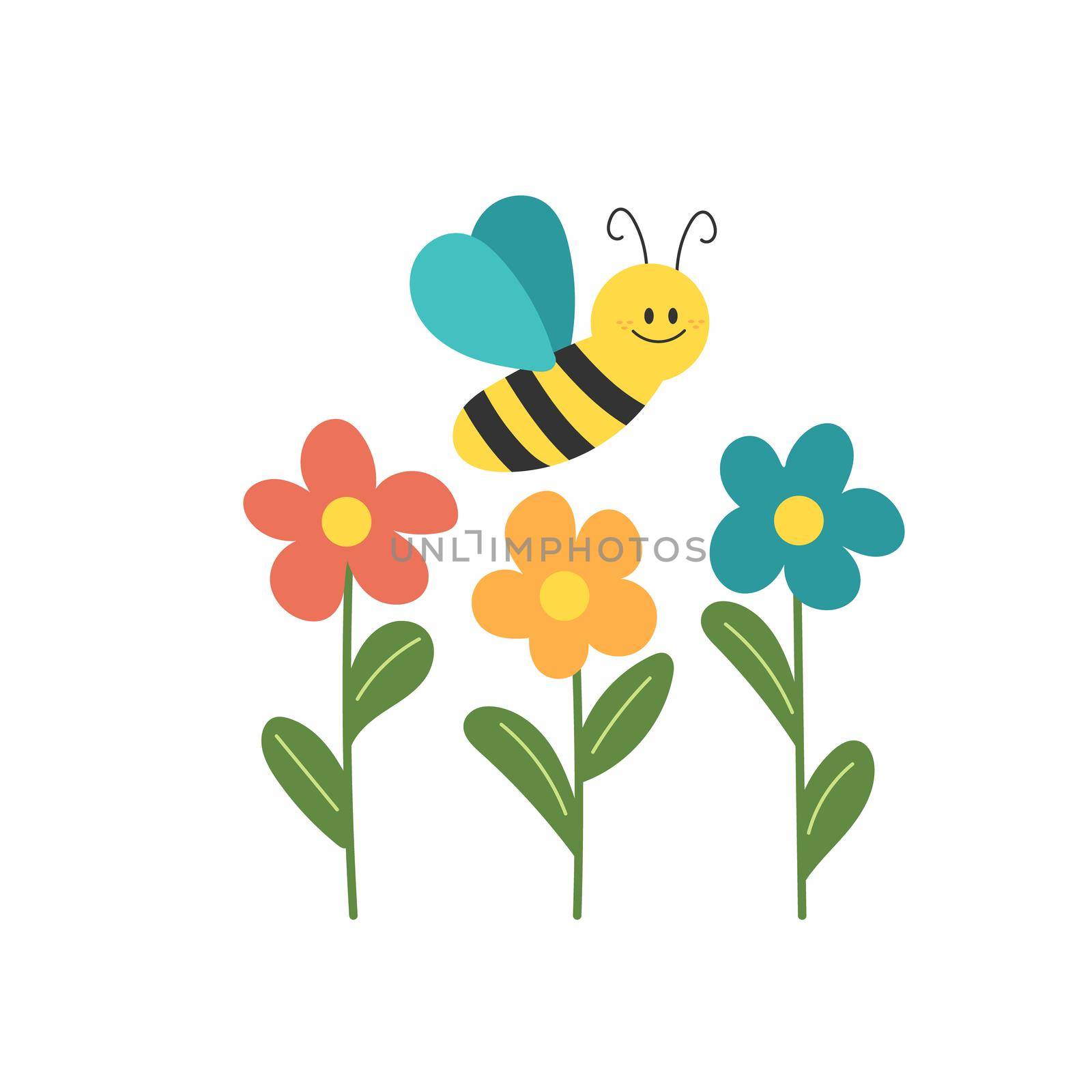 Cute bee with flowers on white background. Flat style design - minimal vector illustration for kids