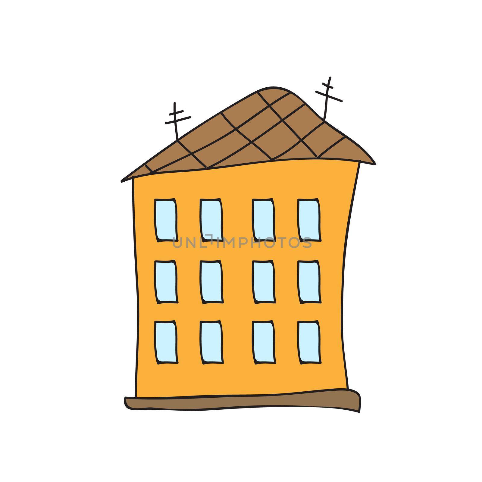 Multi storey building on white background. Simple cartoon town cityscape. Vector illustration.