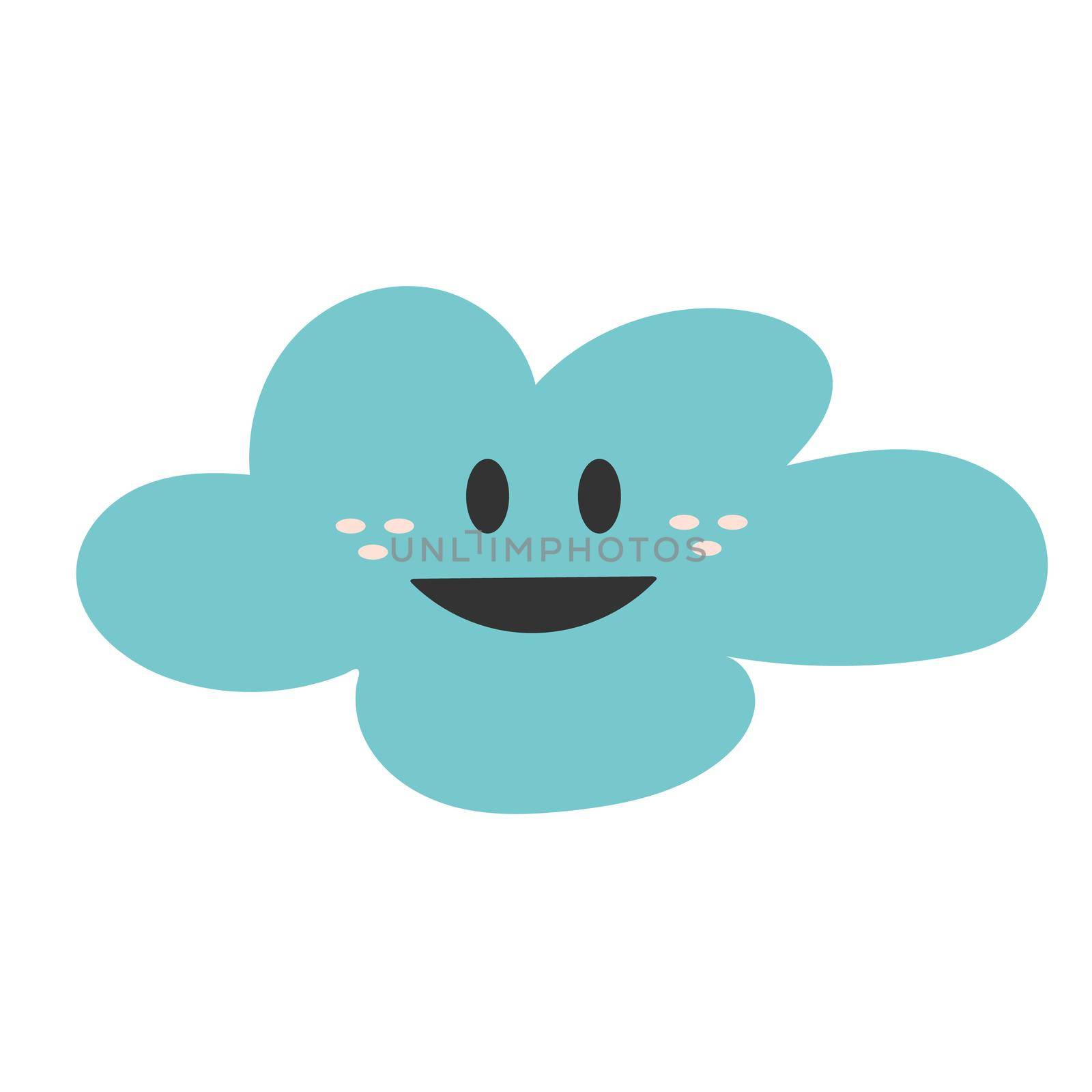 Cute hand drawn print with happy blue smiling cloud. Simple vector illustration on white