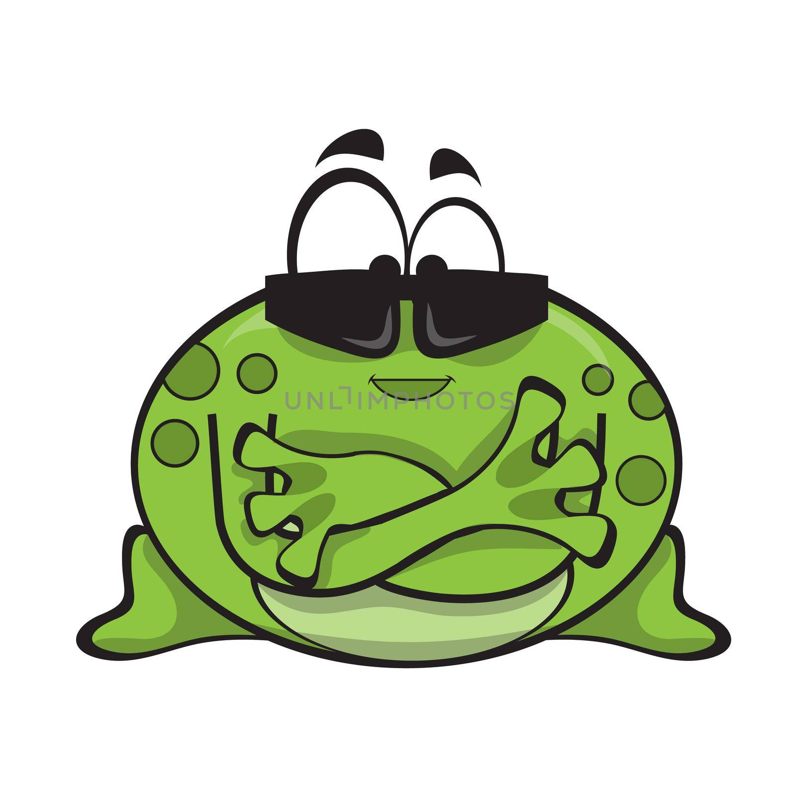 Cartoon frog character wearing sunglasses with crossed arms. Cartoon character on a white background.