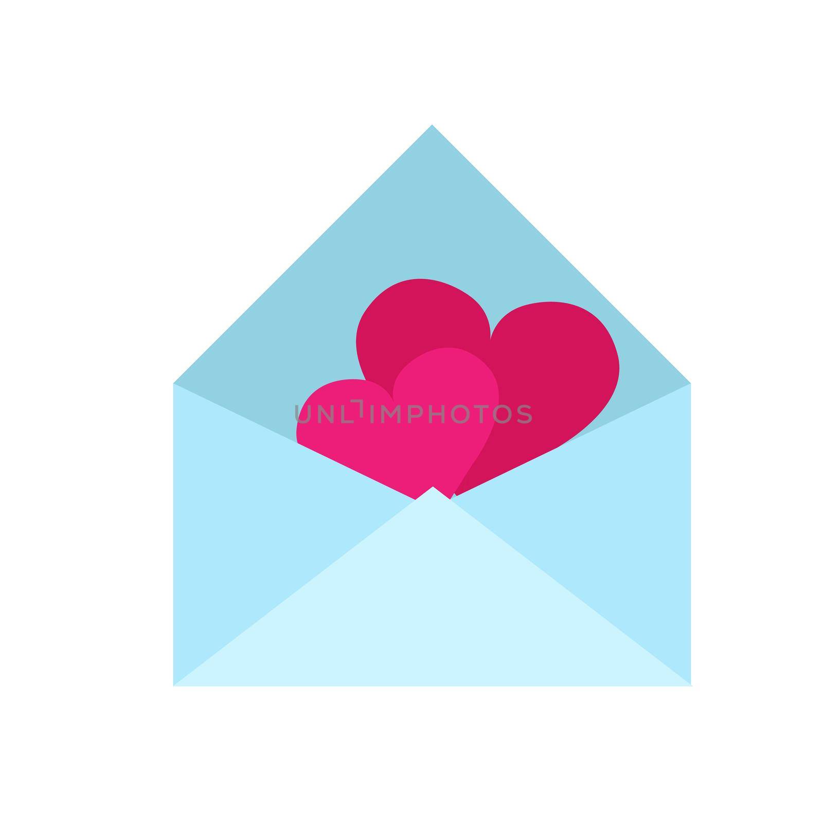 Illustration of two hearts coming out of blue envelope. For icons and symbols by natali_brill