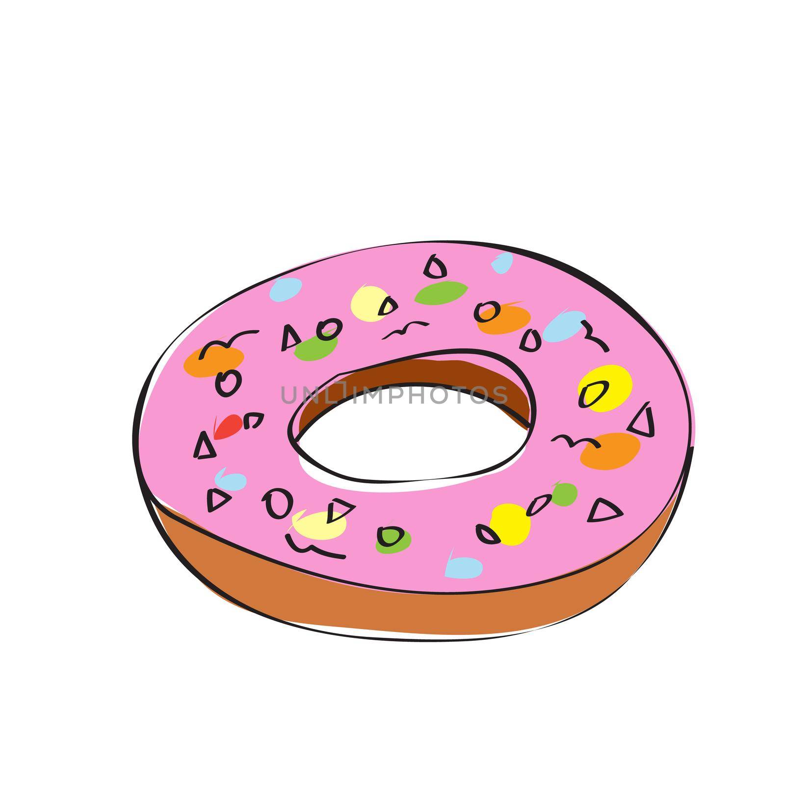 Hand drawn vector illustration of pink donut on white. Hand drawn simple element
