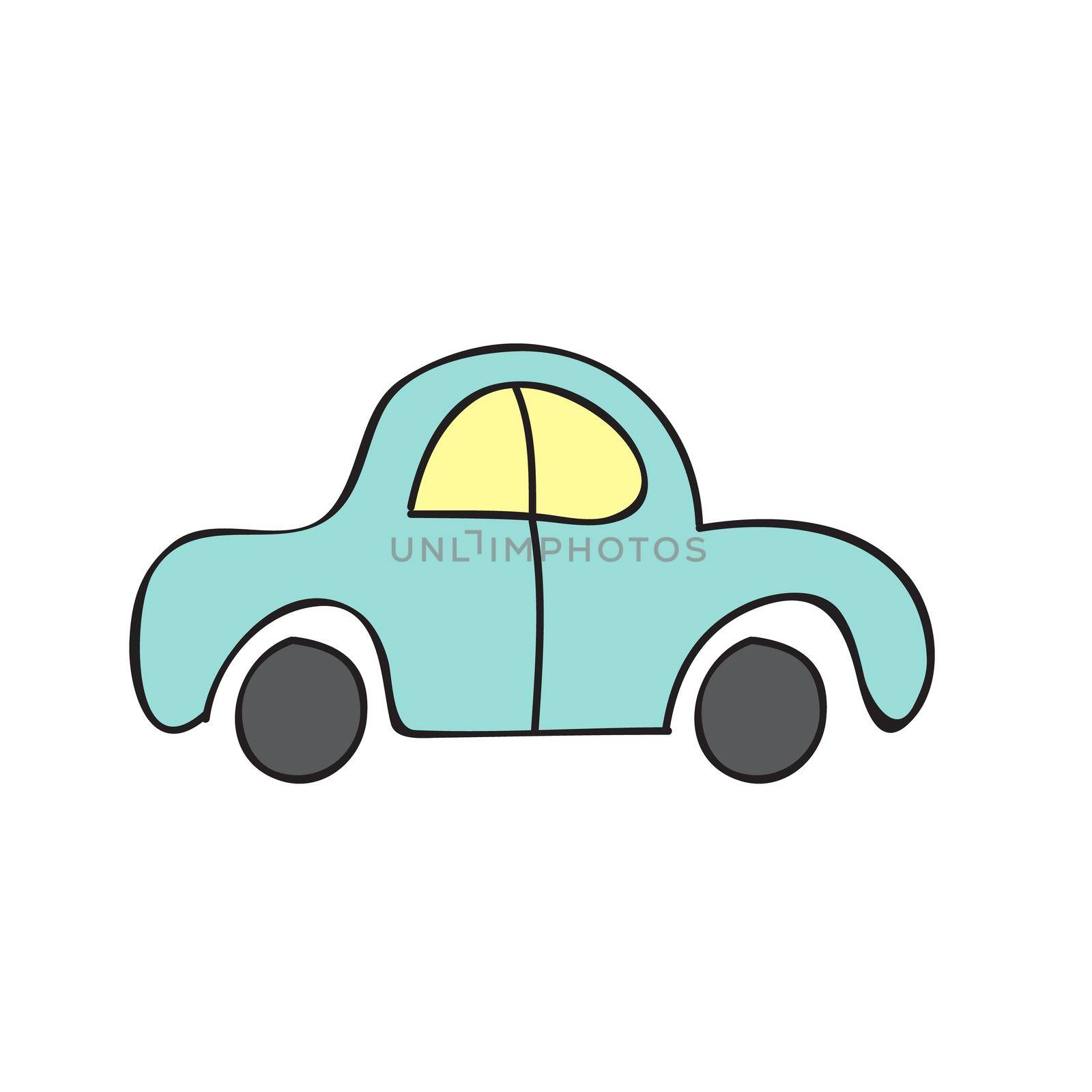 Cute blue car isolated on a white background. Icon in hand drawn style for design of children rooms, clothing, textiles. Vector illustration