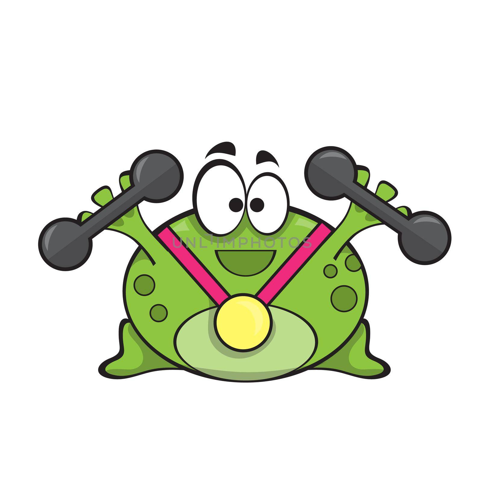 Cute frog with gold medal and dumbbell doing fitness exercise, cartoon character by natali_brill