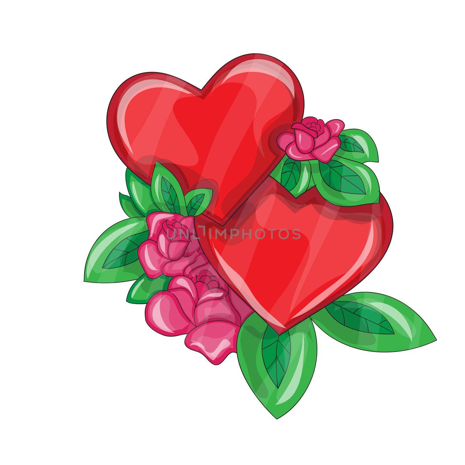 Vector illustration with two cartoon hearts and roses. Isolated heart on a white by natali_brill