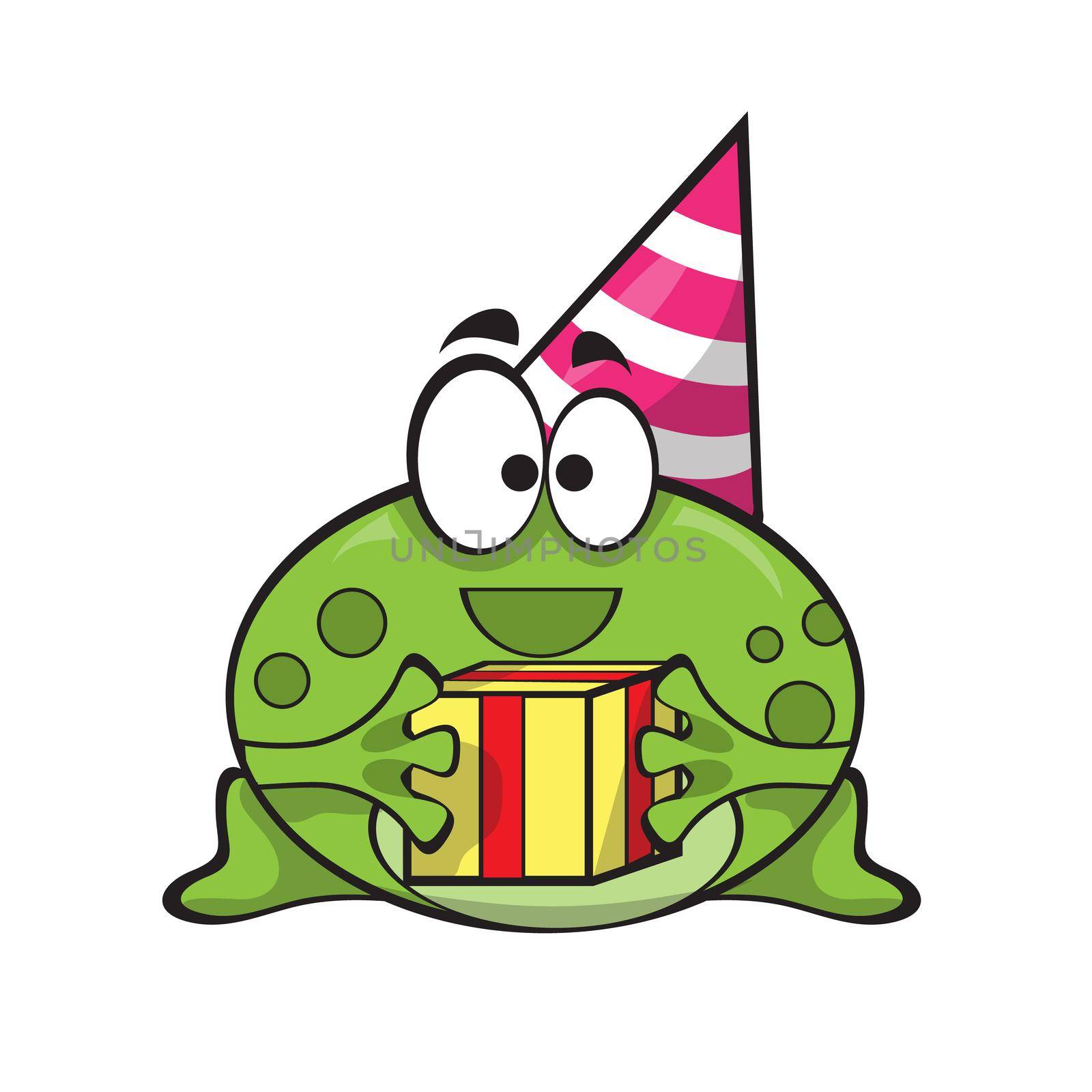 Funny cute birthday card with baby frog wearing party hat, cute smiling happy animal for children. Vector kids cartoon illustration.