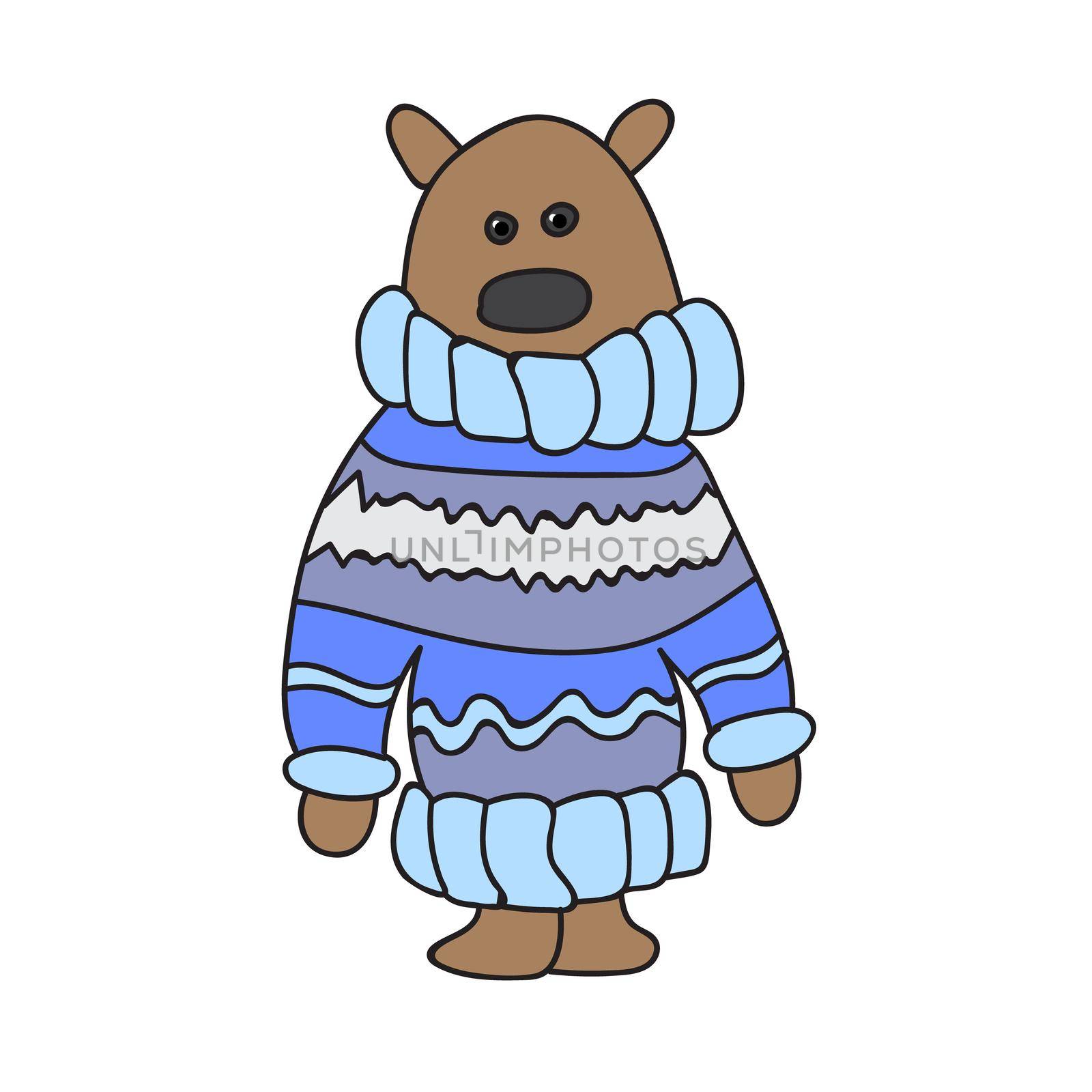 Bear in blue sweater. Cartoon cute isolated baby illustration on white background. Vector