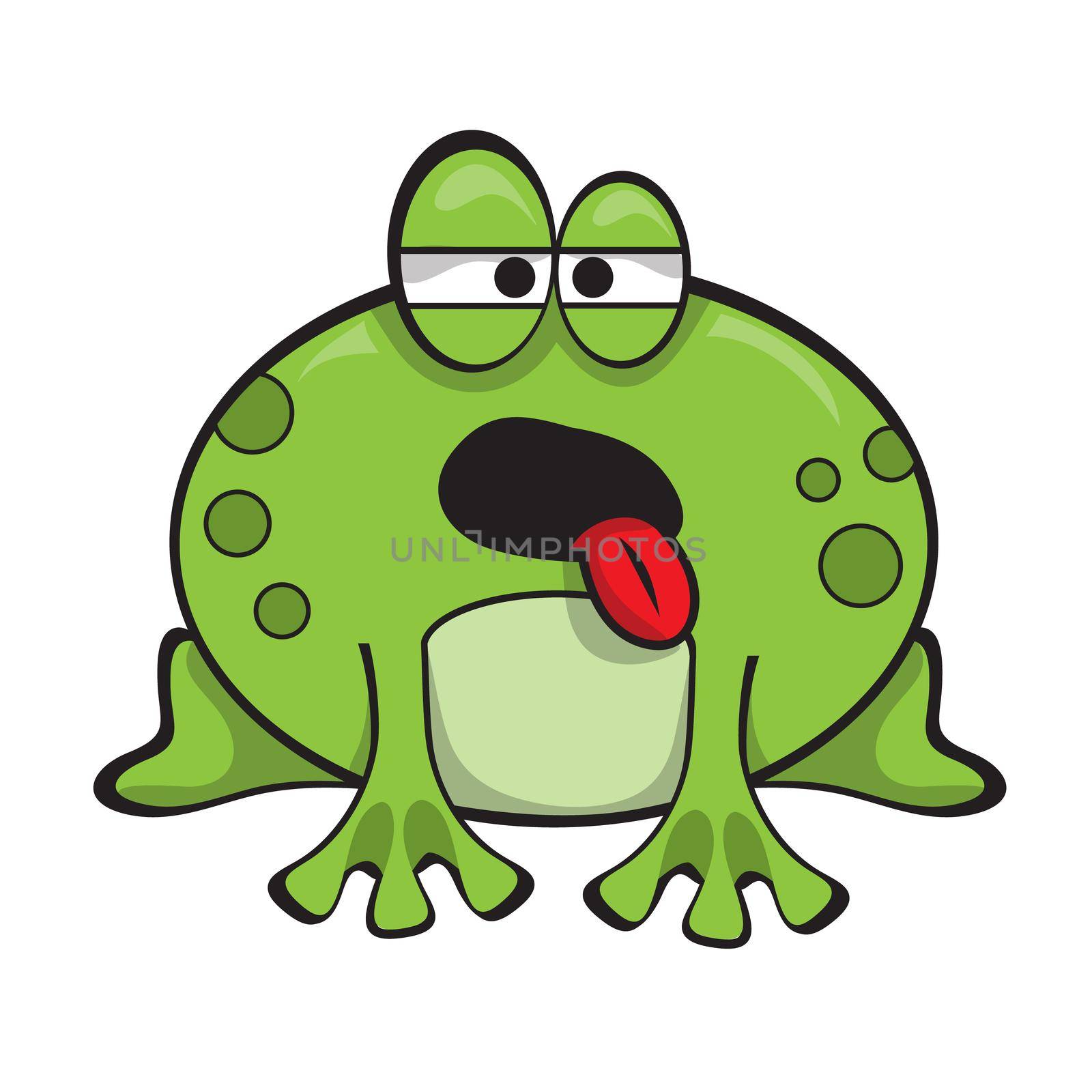 Cute green frog sticking its tongue out and showing a worrying apathetic attitude. Cartoon icon on white