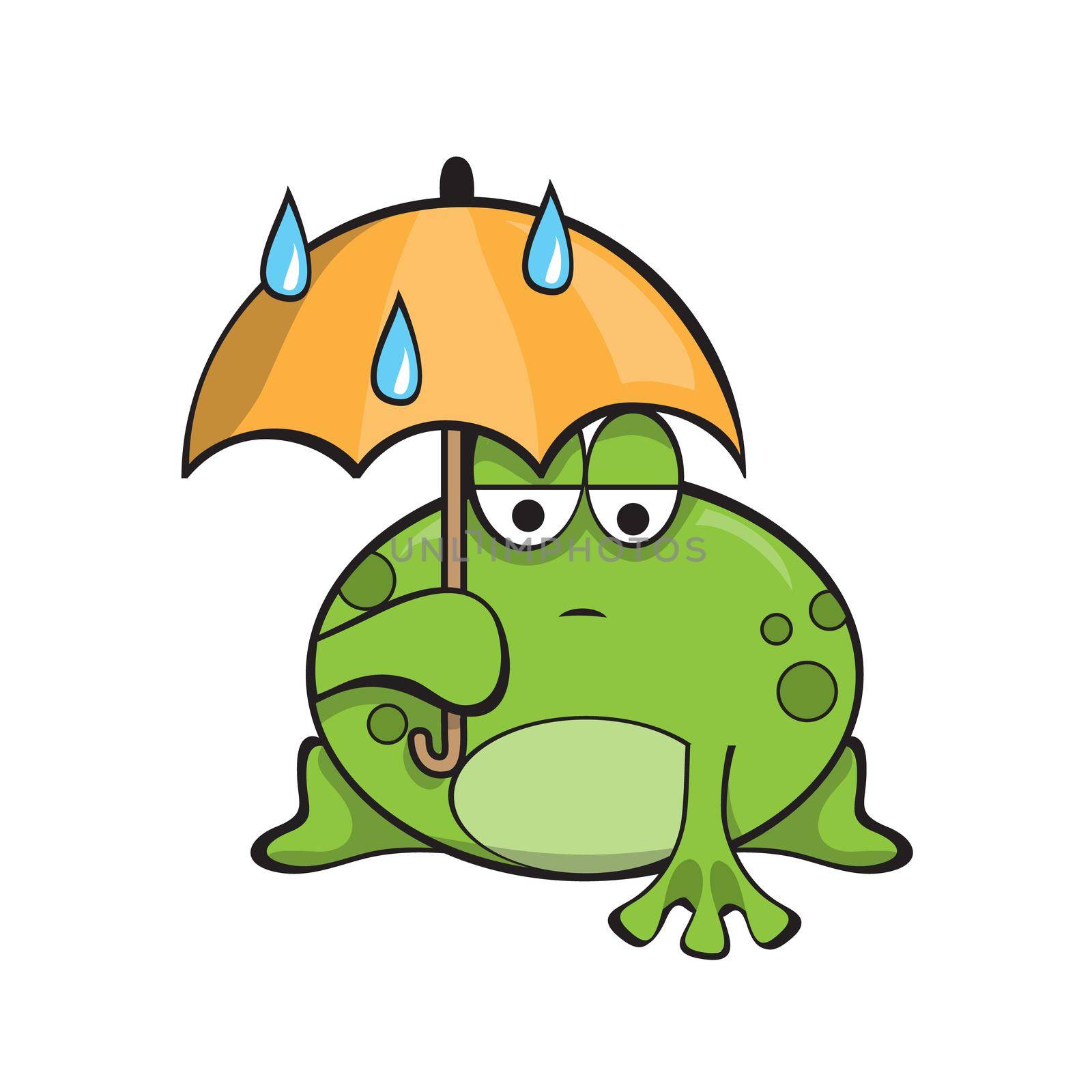 Sad frog under an umbrella. Rainy weather. Cartoon funny character on a white background. Vector illustration.